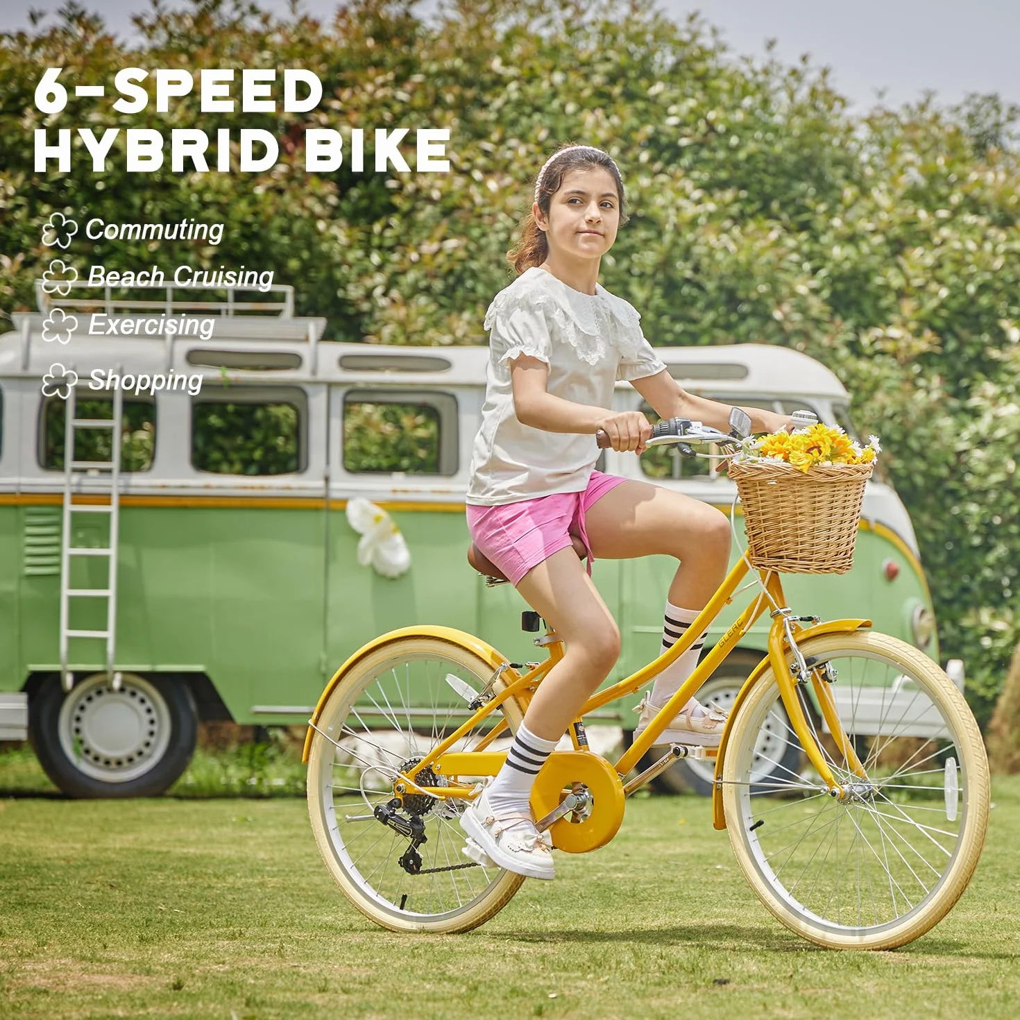 Glerc Missy 20" 24" 26" Pouces Fille Cruiser Shimano 6 Vitesses Hybrid vélo de Ville pour Les Jeunes de Plus de 6 Ans avec Panier en Osier léger, Plusieurs Couleurs