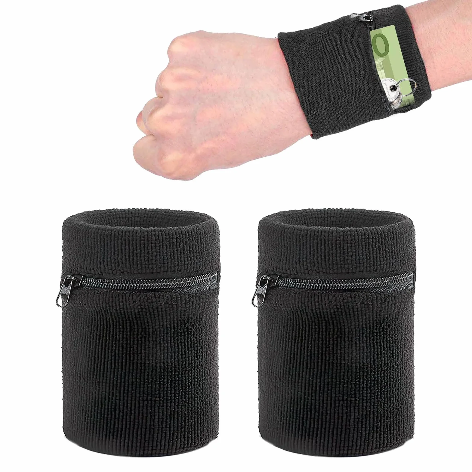 Lot de 2 sacs de poignet bandeau éponge avec fermeture éclair poche zippée pour sport course