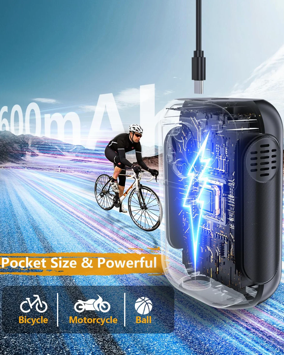 Mini Pompe vélo électrique avec Manometre, Pompe à vélo Portable de 120PSI avec Valve Presta et Schrader, de Route, VTT, vélos de Ville et vélos électriques