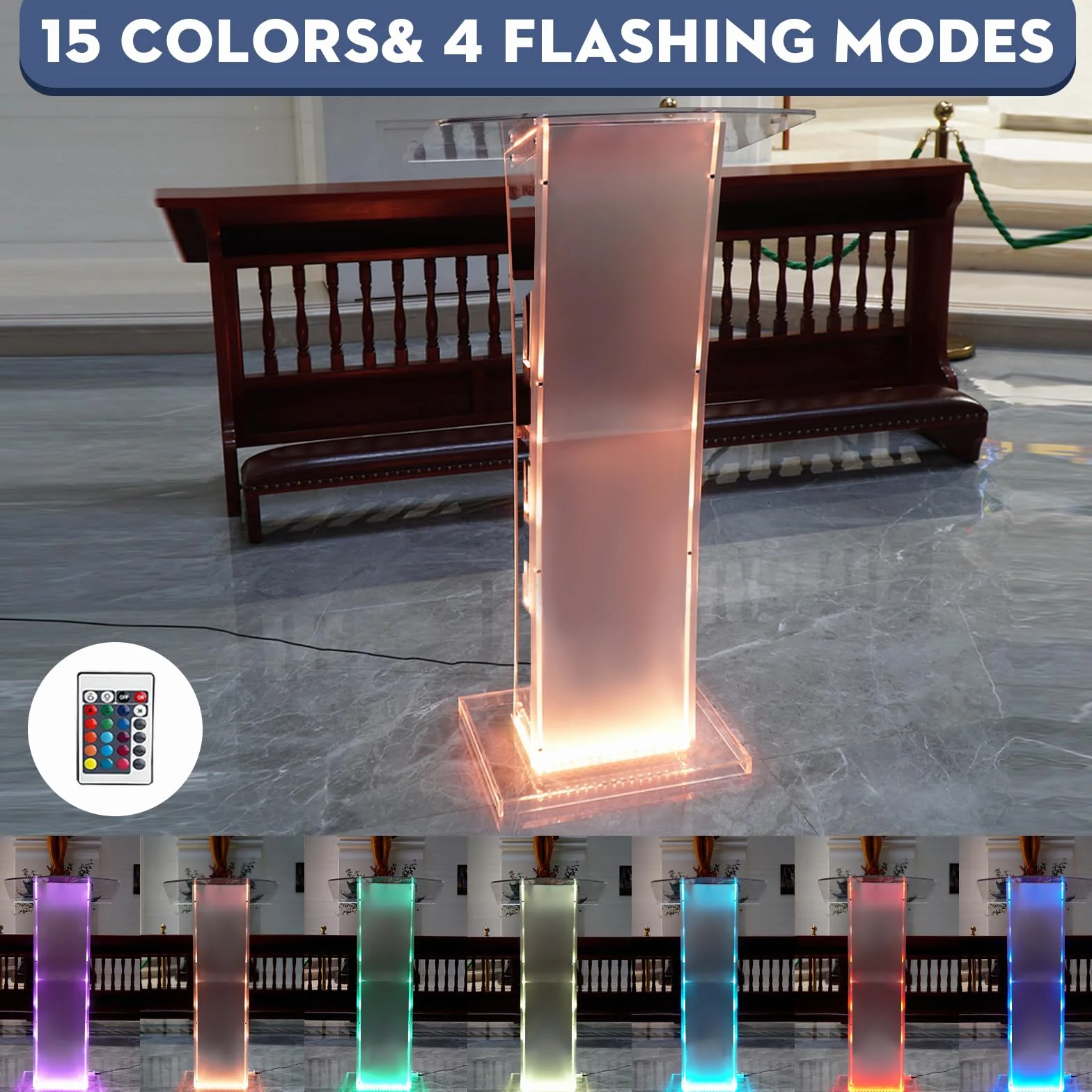 Afitdon Podium en acrylique transparent avec étagère et lumière LED 15 couleurs pour église conférence mariage