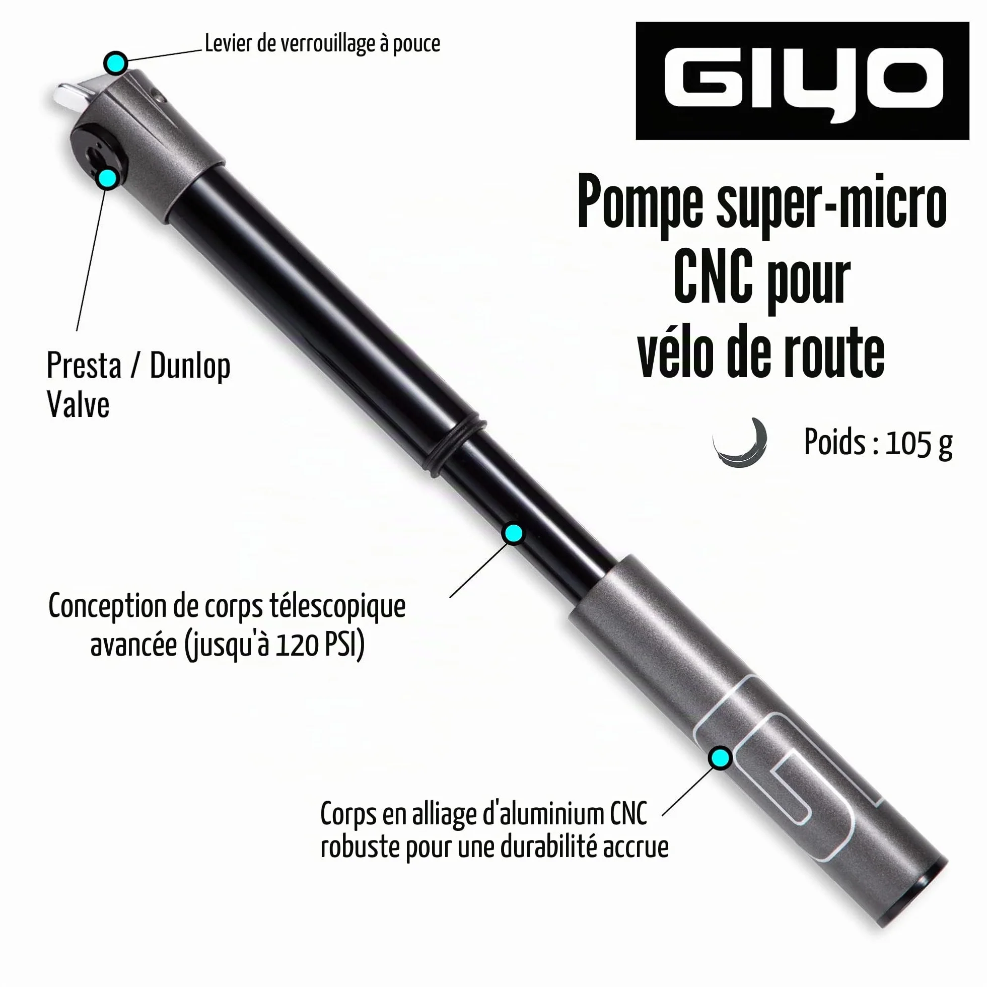 GIYO Mini Pompe à vélo pour vélo de Route – Valve Presta, Barillet télescopique CNC 120 psi, légère et Portable, Serrure de Valve sécurisée, fabriquée à Taiwan (GM04)