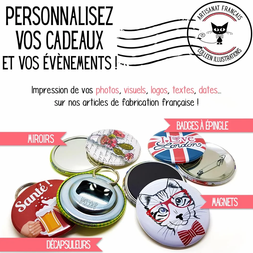 Magnet personnalisable 5,6cm avec texte photo logo pour événement fête mariage anniversaire baptême - Artisanat français