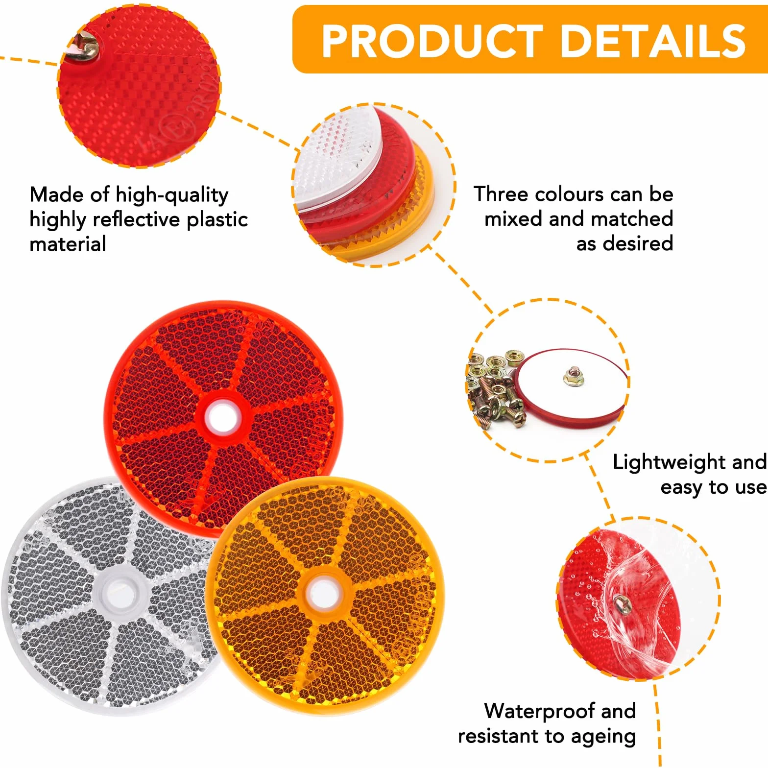 Lot de 12 catadioptres ronds en 3 couleurs, diamètre 60 mm, réflecteurs latéraux ronds à visser, pour voiture, camion (orange, blanc, rouge)