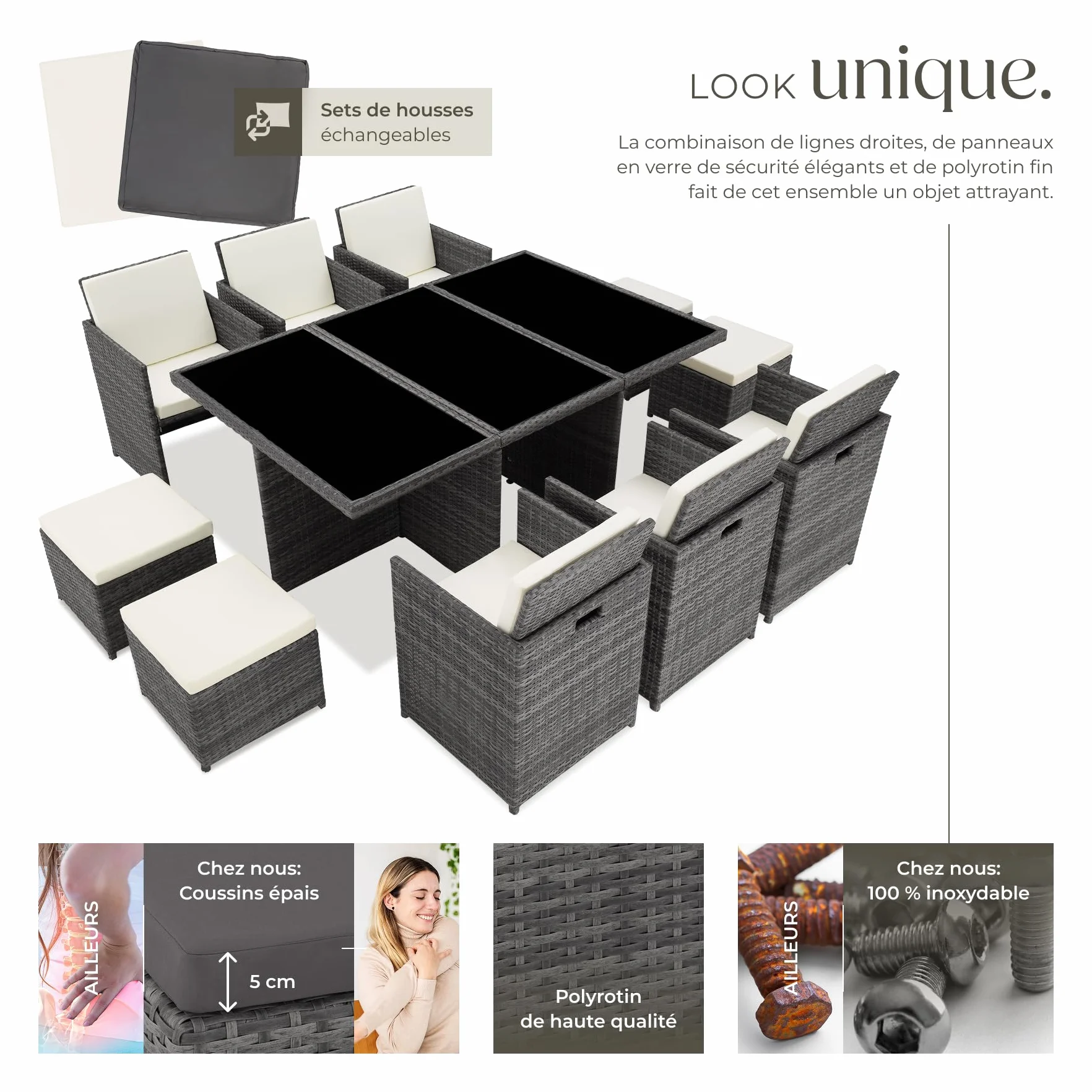 Tectake Salon de Jardin Résine Tressée Poly Rotin Table 10 Personnes Fauteuil Aluminium Encastrable Gris avec Housses