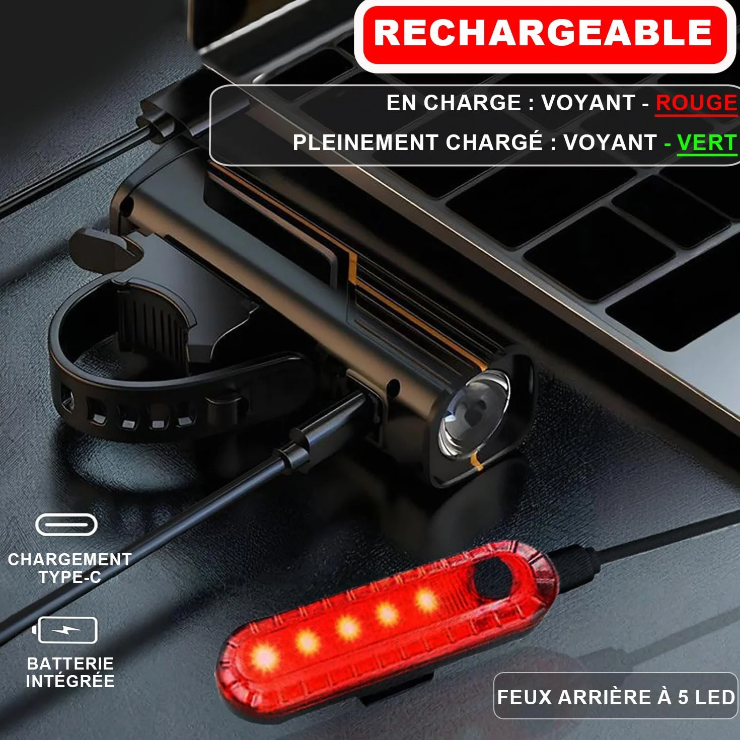 EBUYFIRE Lumières de Vélo Capteurs de Lumière et Affichage Numérique, Set d'Éclairage LED Rechargeable pour Vélo - Super Luminieux Phare Avant et Arrière,Lampe Torche Cyclisme