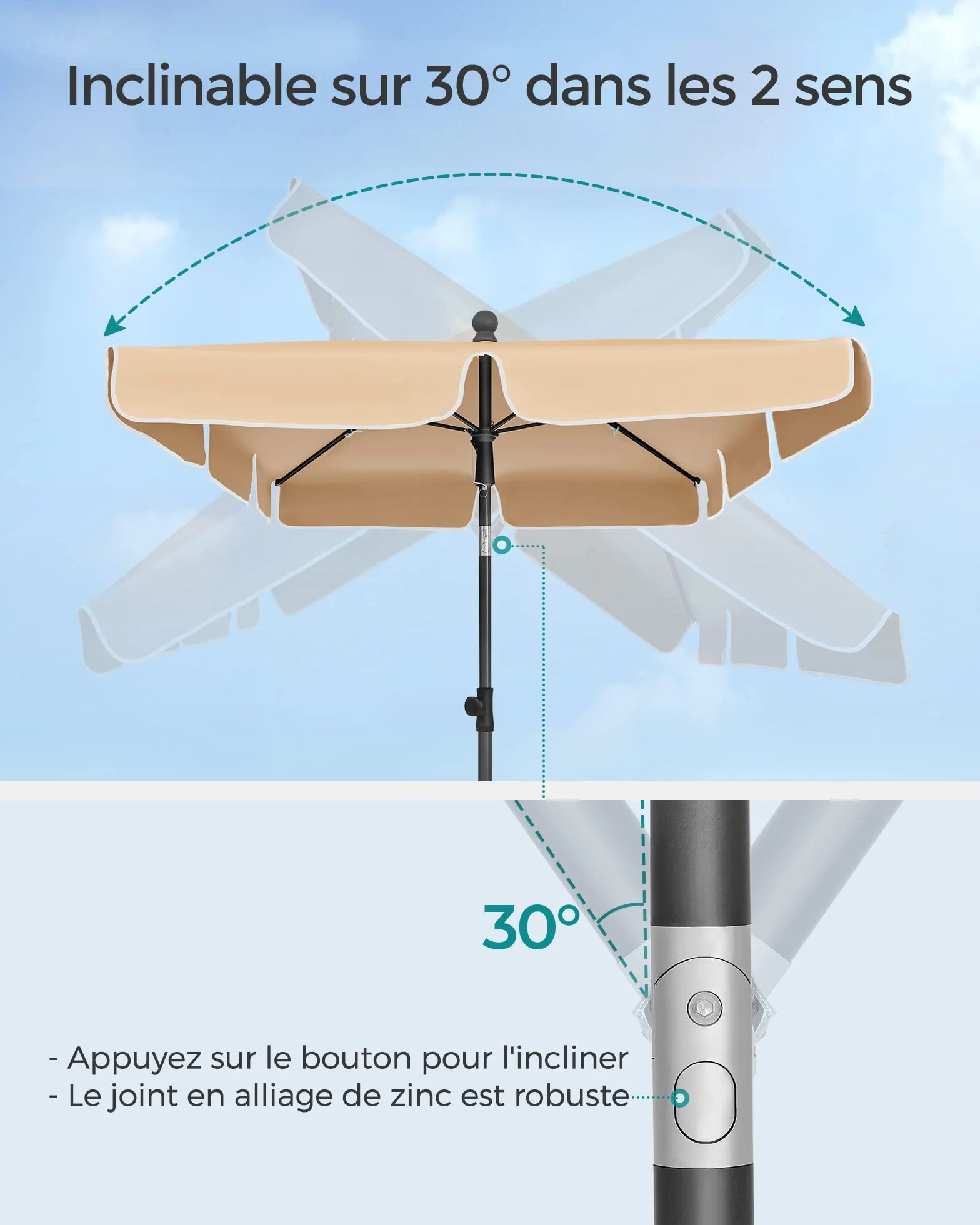 SONGMICS Parasol 200 x 125 cm Protection Solaire UPF 50+ Inclinable 30° Hauteur Réglable Sac de Transport Jardin Terrasse Taupe GPU25BR