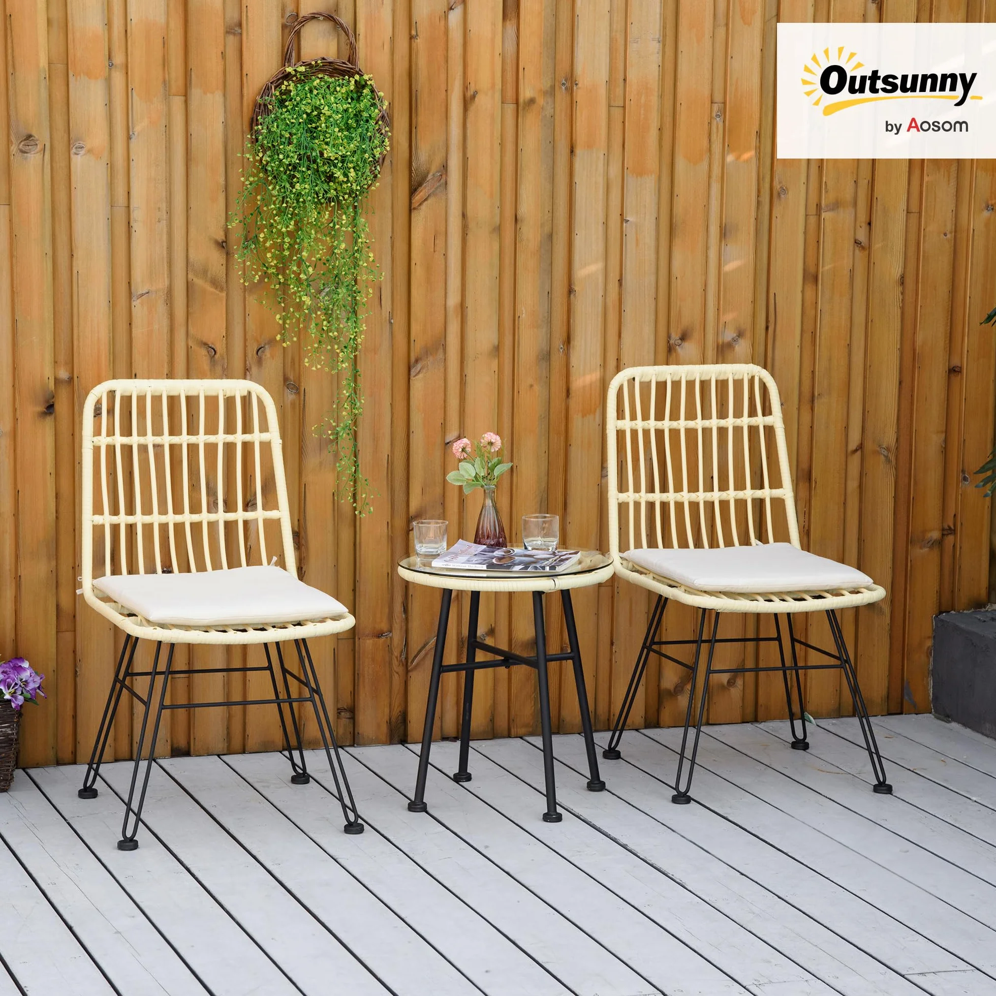 Outsunny Ensemble Bistro Jardin 3 pièces Table Basse Ronde Verre trempé 2 chaises Coussins zippés déhoussables Polyester résine tressée PE métal galvanisé Ø 45 x 50 cm crème