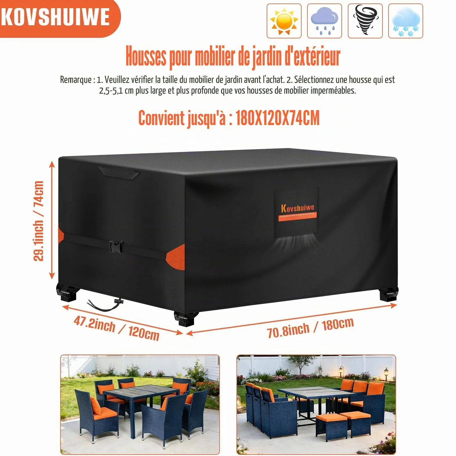 Kovshuiwe Housses de meubles de jardin 180x120x74cm Imperméables Anti-UV Tissu 420D Oxford