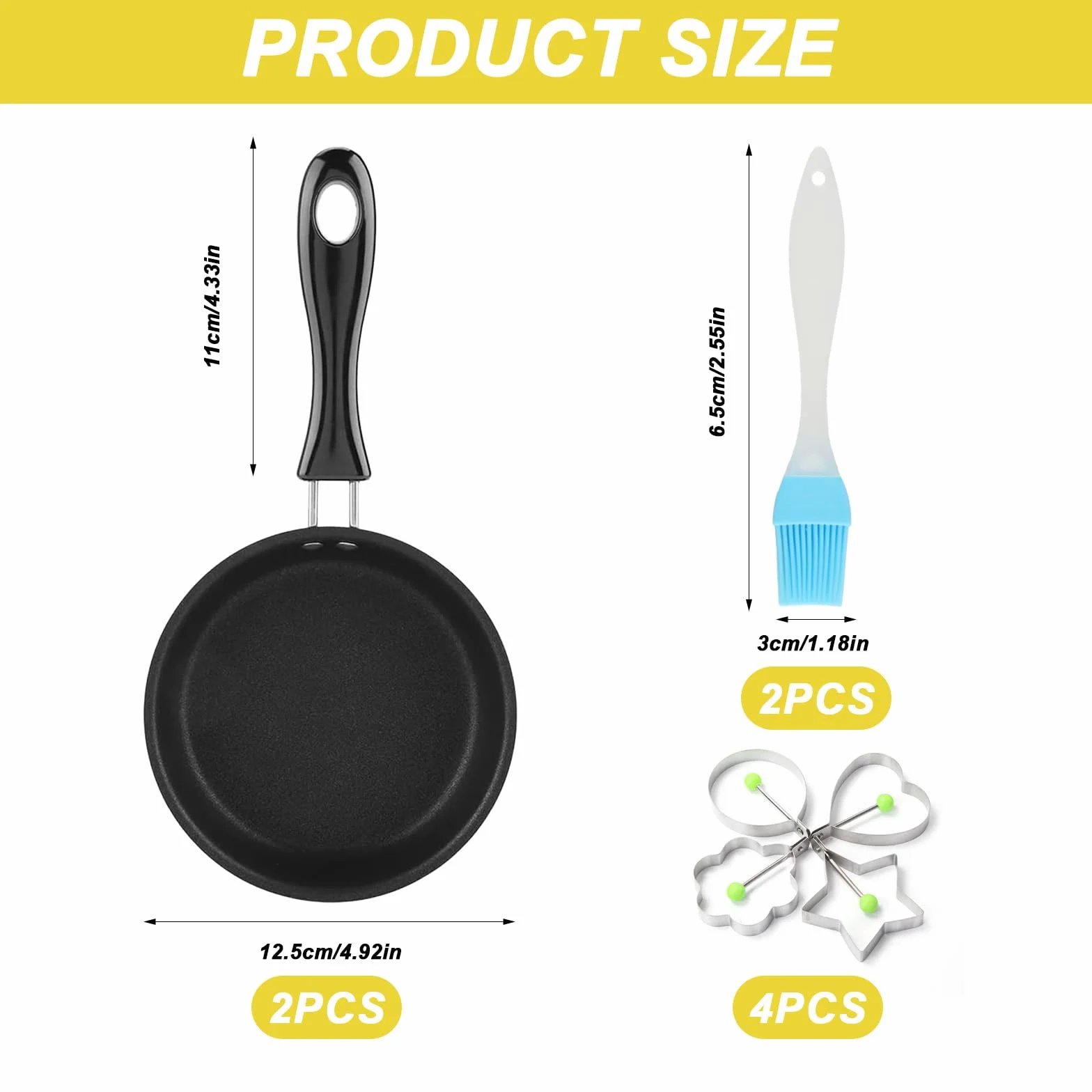 Lot de 2 petites poêles à induction de 12 cm, mini-poêles antiadhésives, poêle à œufs, poêle à œufs au plat, marmite de cuisson résistante à la chaleur, 2 pinceaux à huile