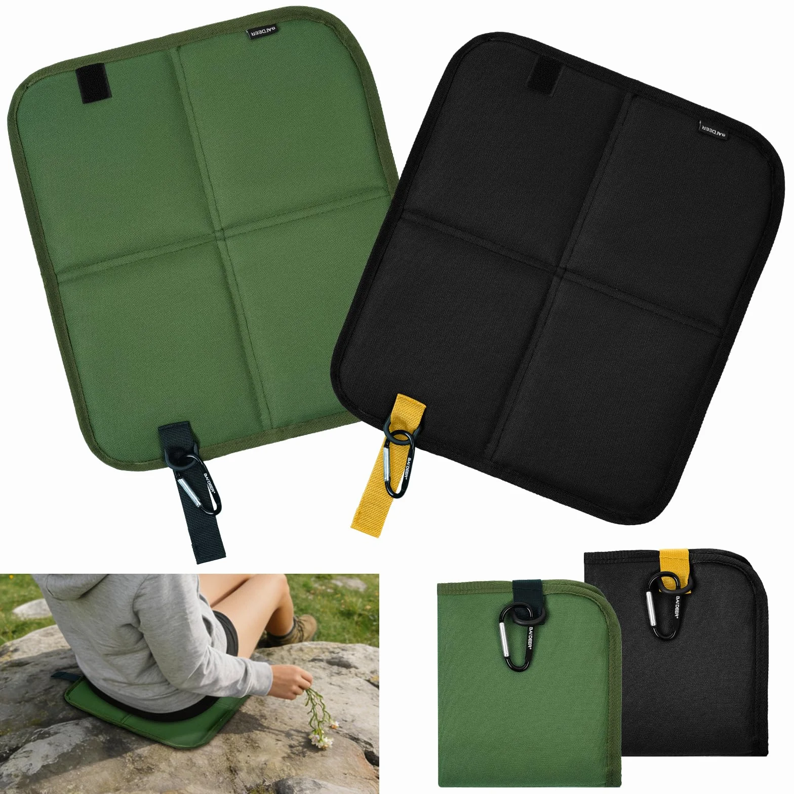 HOTUT Lot de 2 Coussins de Siège d‘Extérieur Pliables - Tapis d’Assise Noir et Vert 4 Fois Pliant, Étanche et Isolé - pour Camping, Randonnée, Pique-Nique, Stade