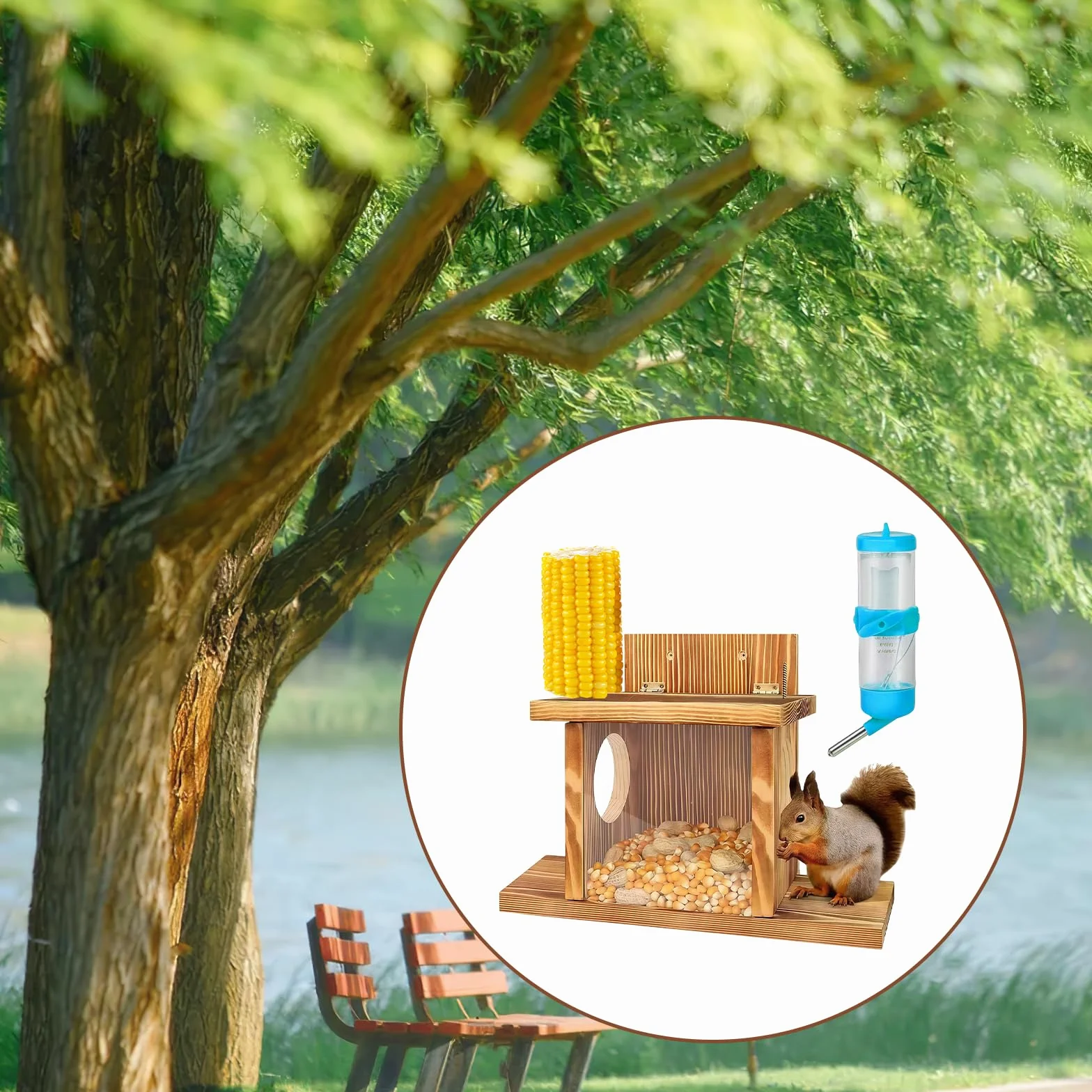 Mangeoire pour écureuils en bois avec distributeur d'eau, grande capacité, suspendue, 2 entrées pour jardin