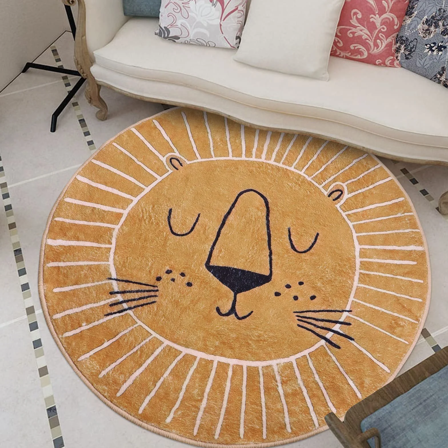 Tapis rond antidérapant lavable 80 cm motif tête de lion marron jaune intérieur extérieur enfant