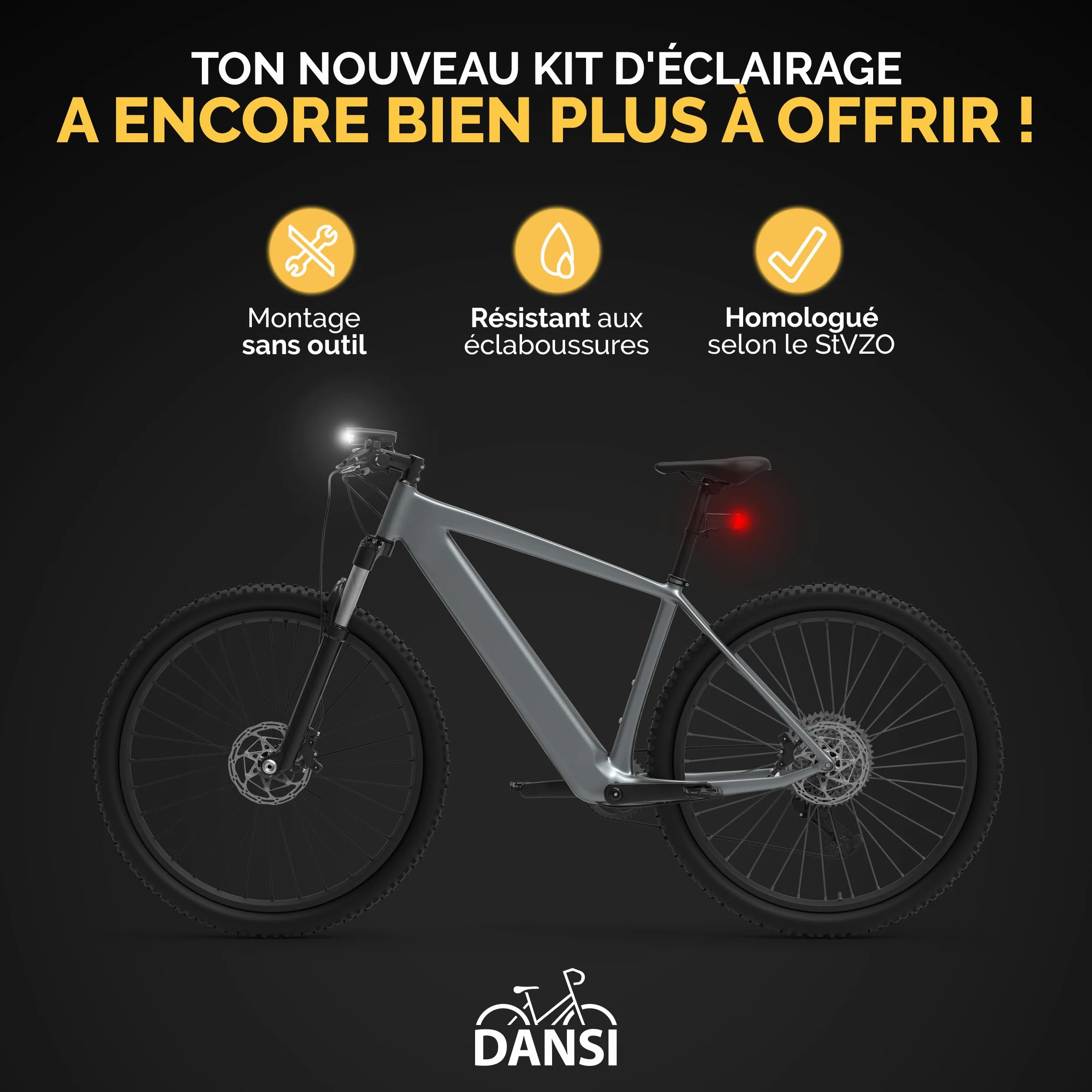 DANSI LED Light Set - Eclairage de vélo homologué StVZO avec 60, 30 & 15 Lux | Eclairage de vélo LED Avant+arrière |Ajustement Automatique de l'éclairage & Montage sans Outil| Résistant à la Pluie
