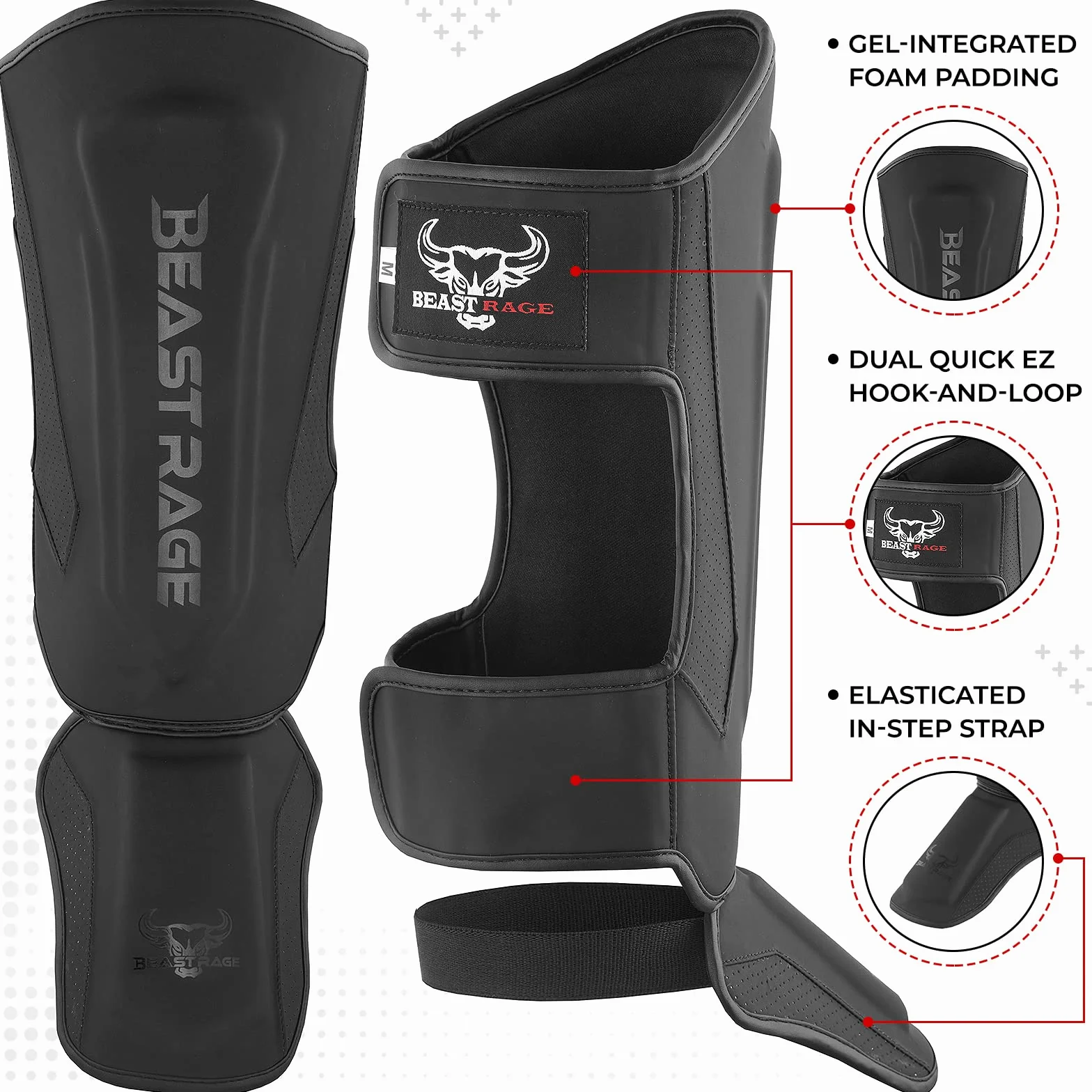 BEAST RAGE Protège-Tibias pour Kickboxing, Muay Thai, Arts Martiaux, MMA avec Protection du Cou-de-Pied, équipement d'entraînement MMA, équipement d'entraînement Sparring, BJJ, karaté