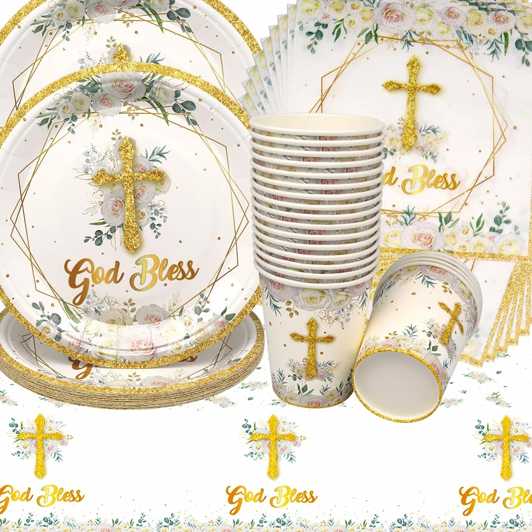 Vaisselle de Fête Communion, Set de Vaisselle Papier pour Première Communion Assiettes Serviettes Tasses 20 Personnes