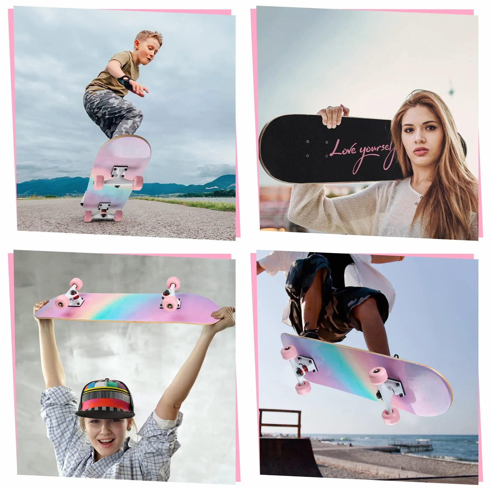 Skateboard Ado Fille Enfant Adulte débutants- 7 Couches en Bois d'Erable Plateau 80 x 20cm Apporter Sac Skateboard - Poudre Arc-en-Ciel