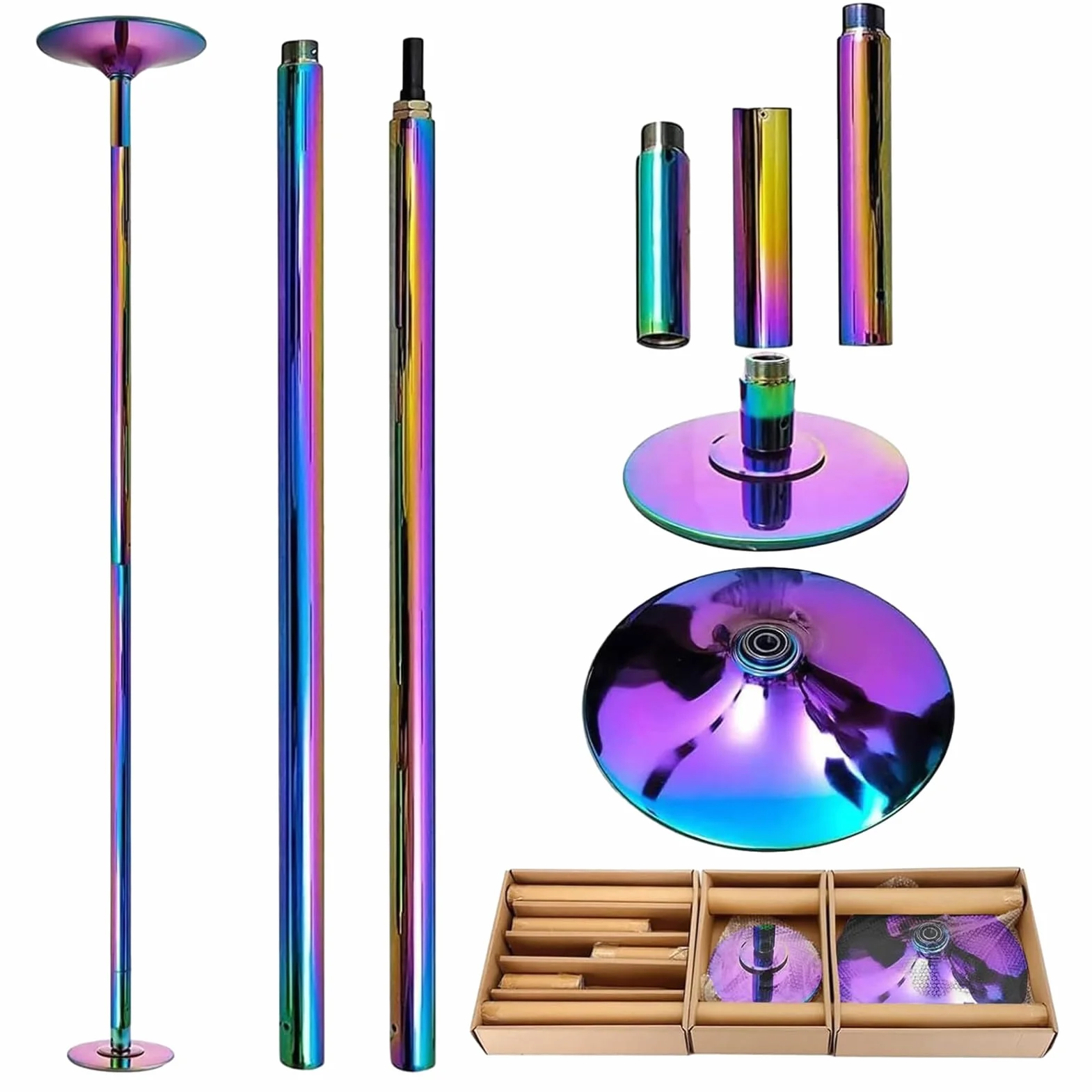 Barre de poledance professionnelle d'intérieur réglable en hauteur 223 à 274 cm – 45 mm rotative et statique portable et amovible pour club, fitness en studio, supporte 149,6 kg (multicolore)