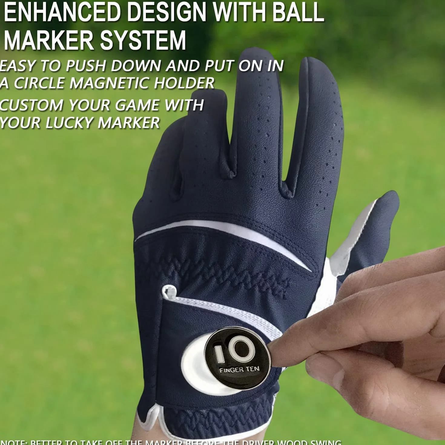 FINGER TEN Gant de Golf Homme Cuir avec Marqueur de Balle, Gants Durable Doux Confortable S M ML L XL Bleu Foncé