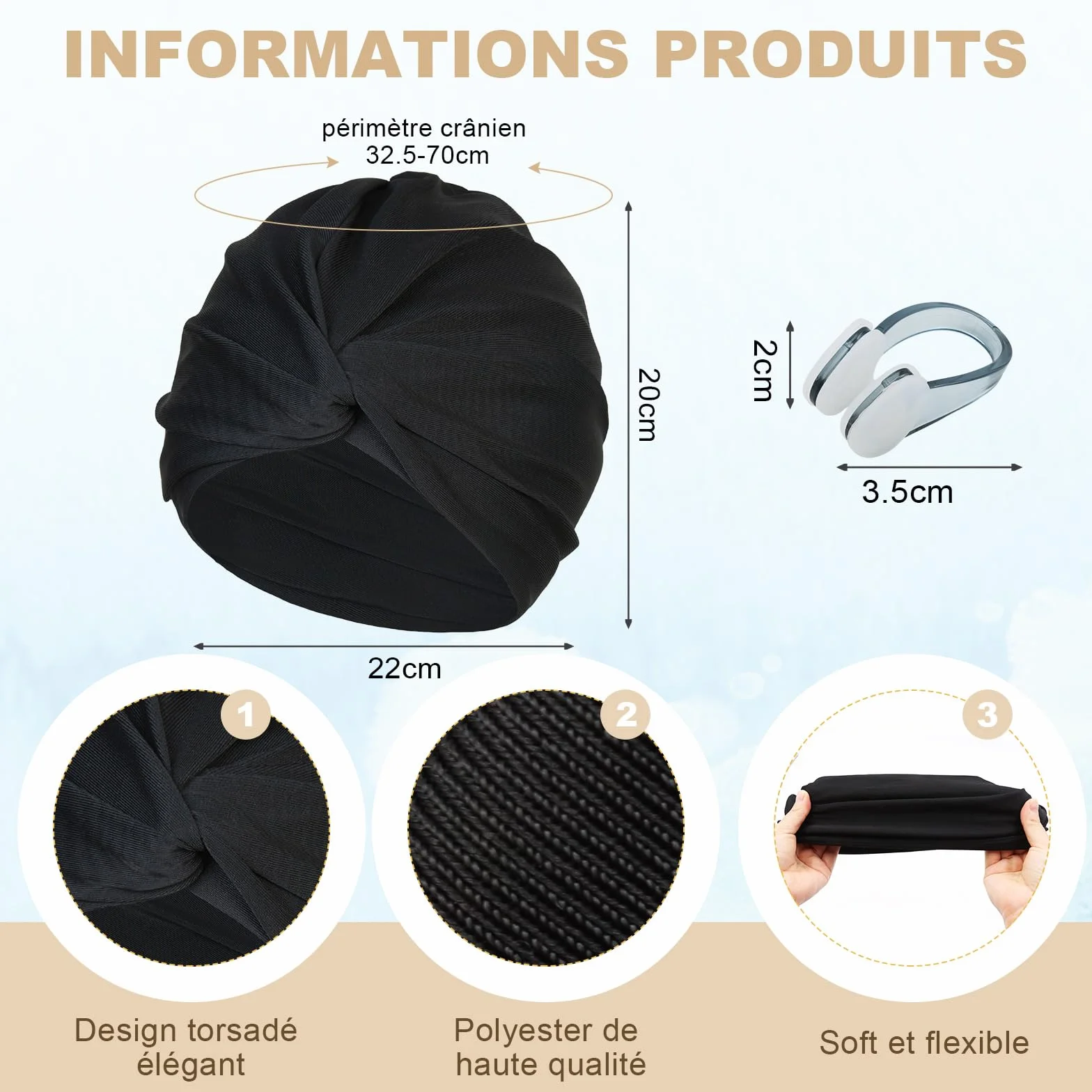 Bonnet de Bain Piscine Femme Tissu Extensible Cheveux Long Adulte
