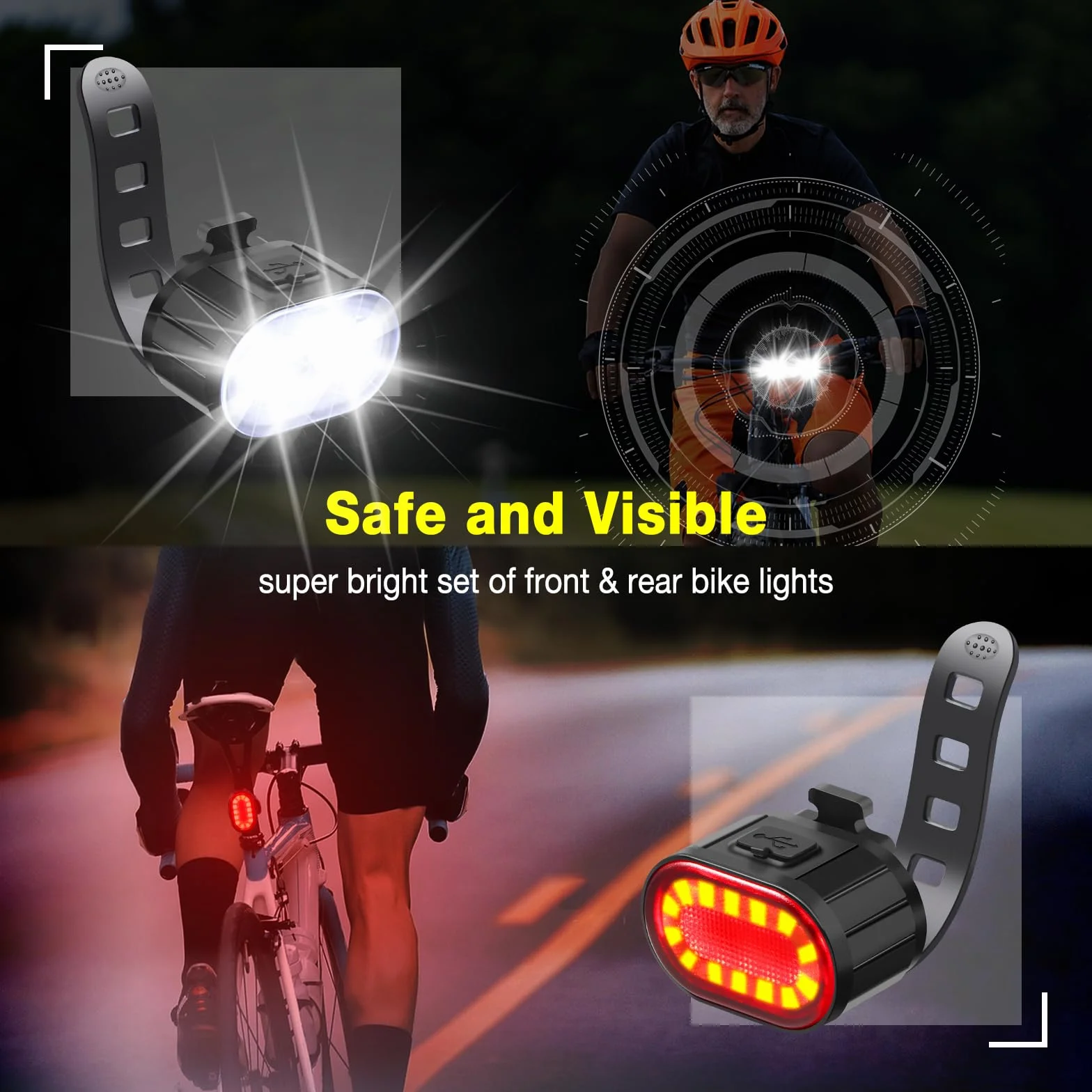 Oderra Lumiere Velo, Lampe Velo LED Puissantes Rechargeable USB, Forte Autonomie de La Batterie avec Modes Clignotement ou Fixe Étanche IPX4 Lumière Velo, Feux Avant et Arrière pour Vélos VTT