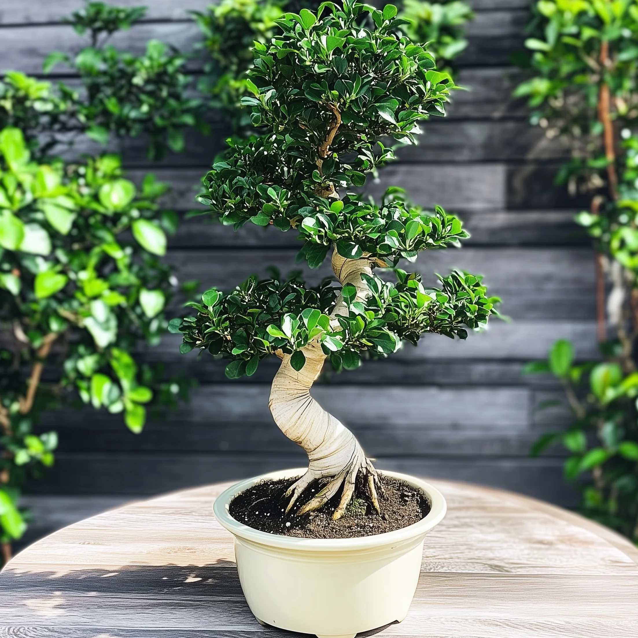 Ficus Ginseng en forme de S Bonsaï Japonaise Plante d'intérieur Pot 20cm Hauteur 55-65cm