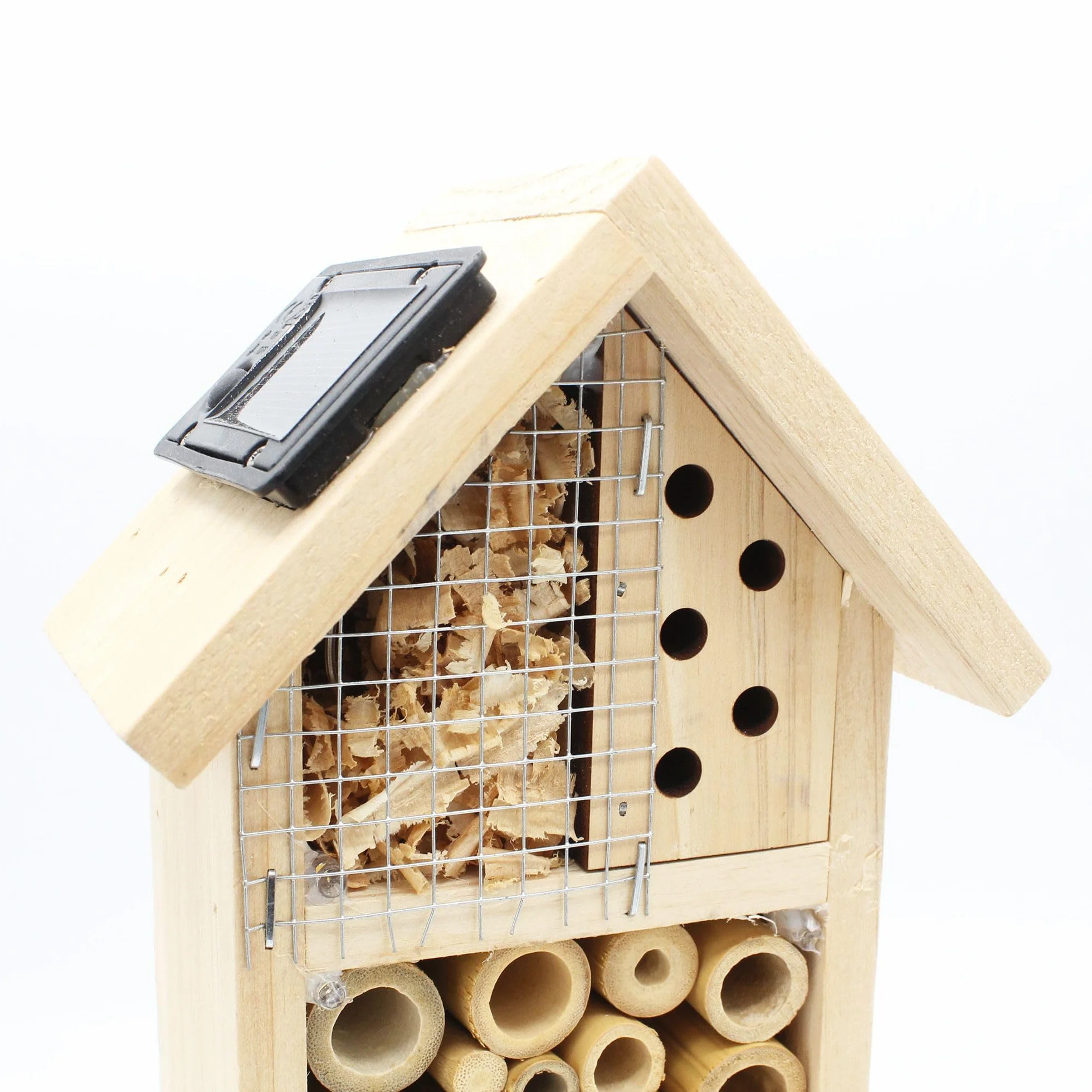 FISHTEC Hôtel à Insecte Maison Solaire en Bois 10 LED Panneau de Pin Massif Refuge Toutes Saisons