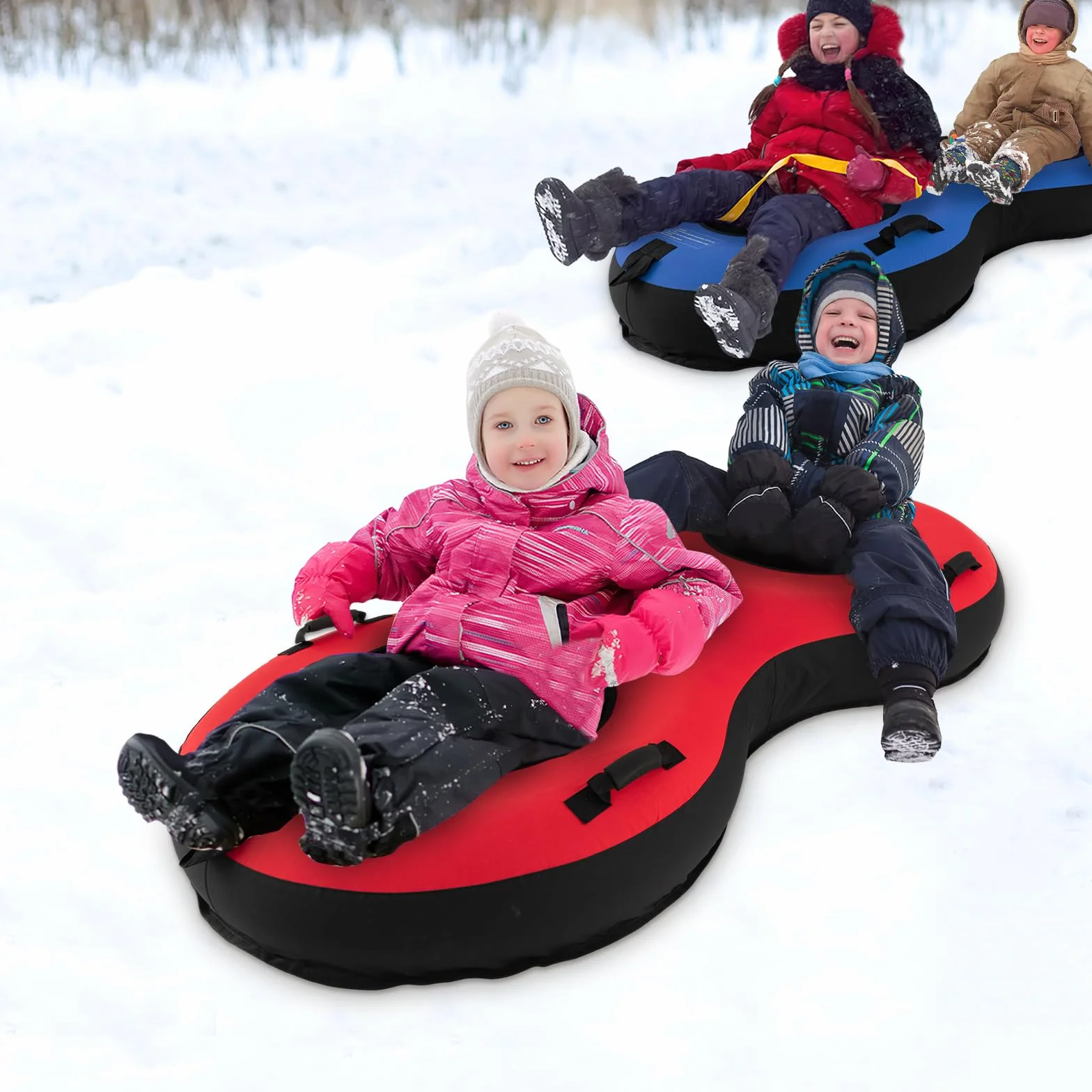 COSTWAY Luge Bouée Gonflable, Traîneau à Neige Robuste en Caoutchouc avec Fond Rigide Sangle de Remorquage Siège Rembourré Pompe de Gonflage, pour Enfants Adultes
