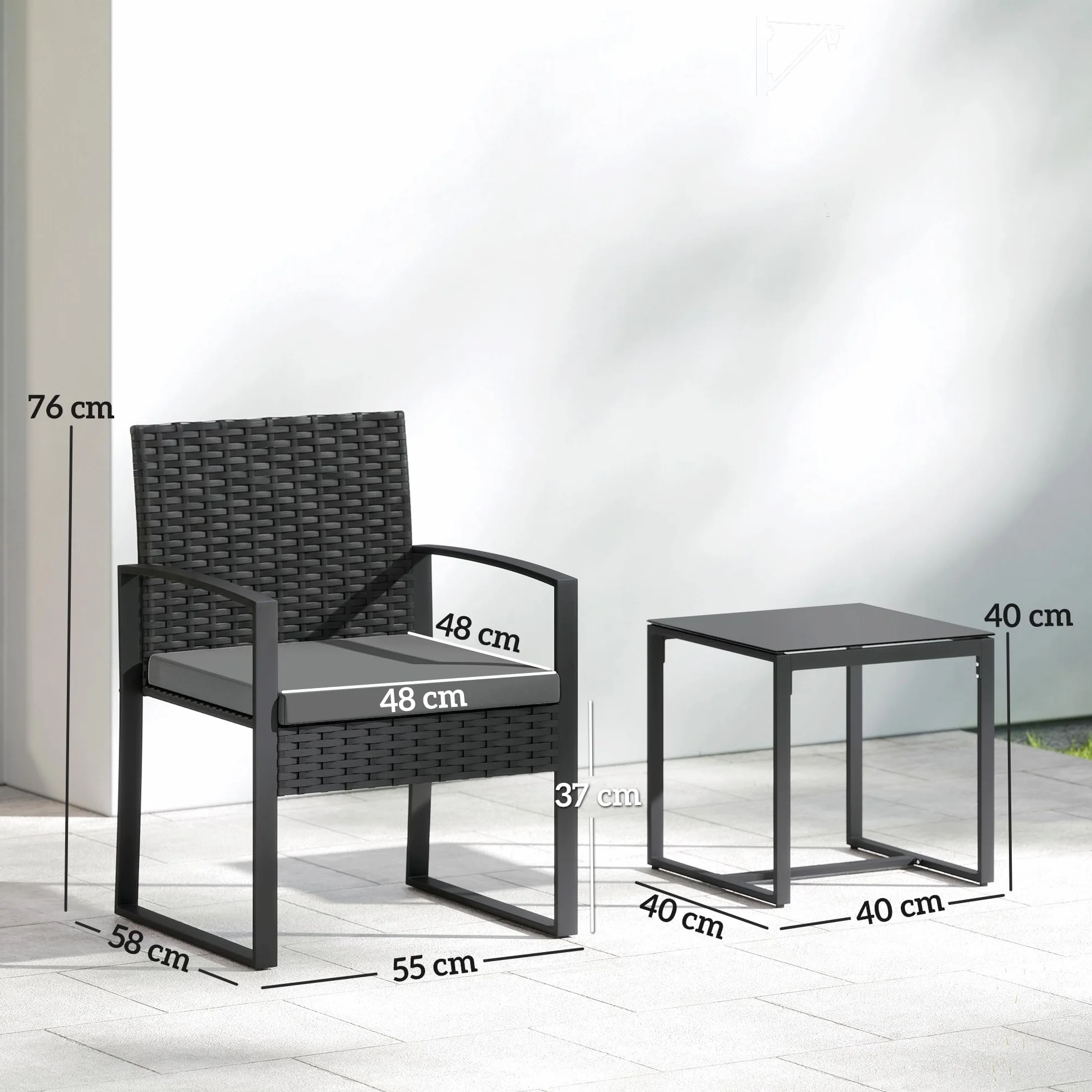 Outsunny Salon de Jardin 2 Personnes Table avec Chaises Résine Tressée Verre Trempé Coussins Noir