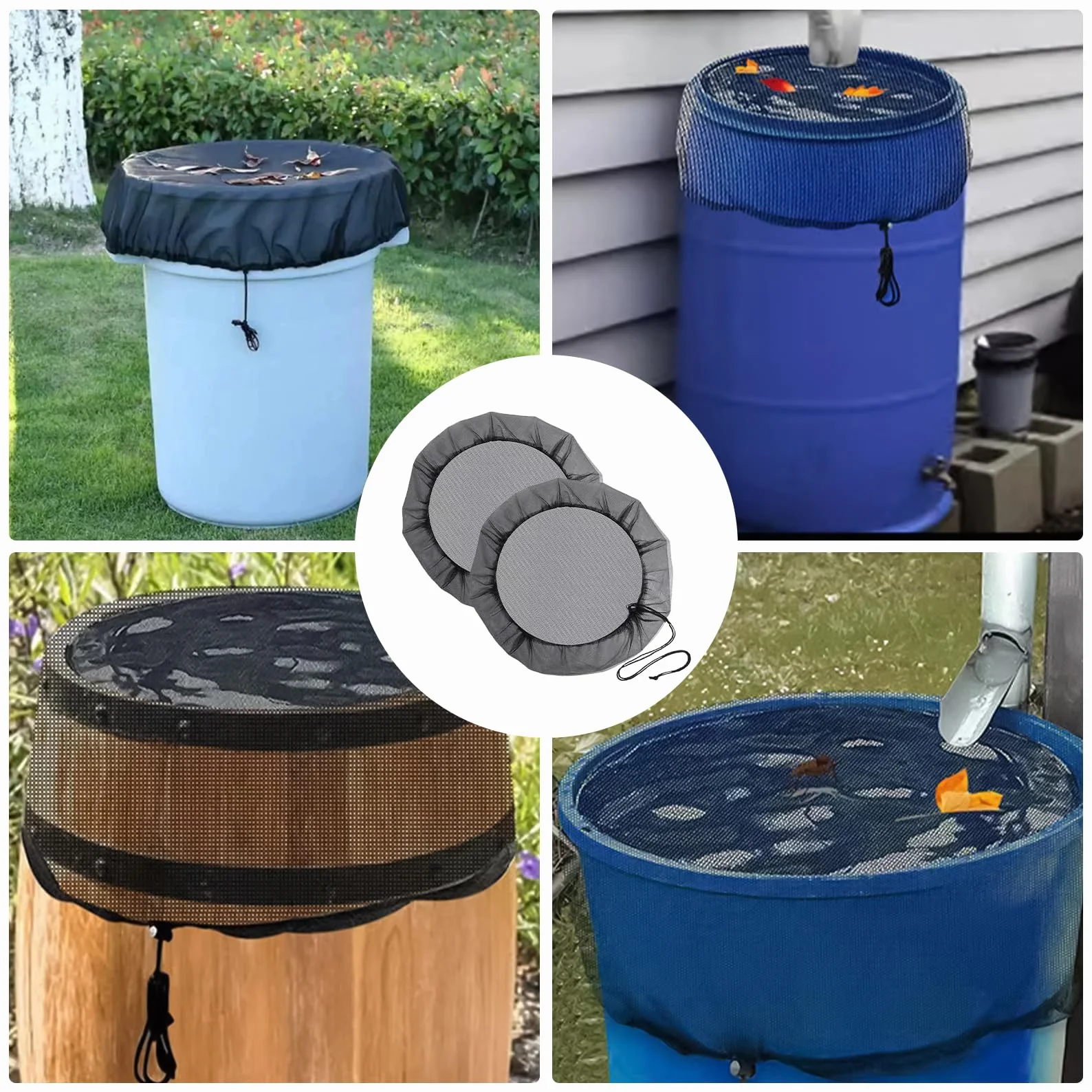 Lot de 2 filets de citerne de pluie de 95 cm avec cordon de serrage, filet de protection réglable pour citerne de pluie, moustiques, anti-feuilles et larves de moustiques