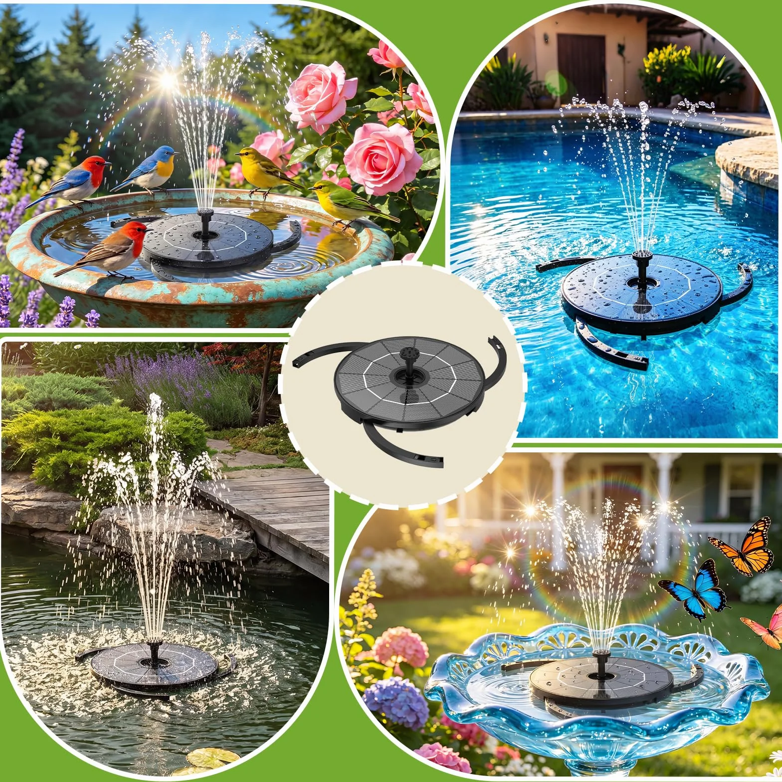 Fontaine Solaire Exterieure de Jardin 2,8W 2 en 1 avec Panneau Solaire Amovible Support Fixe 6 Buses