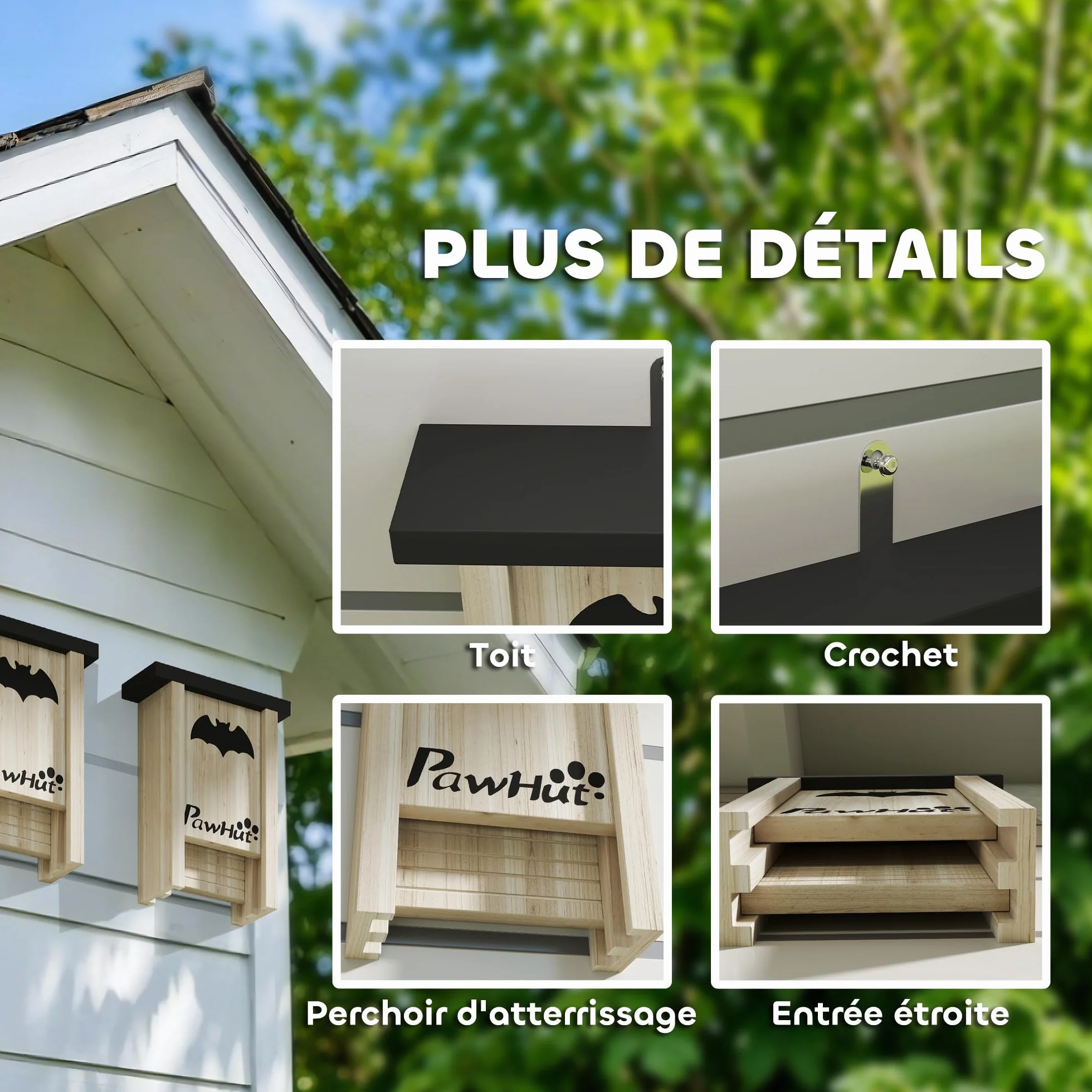 PawHut Nichoir Chauve-Souris Ensemble de Trois Boîtes avec Crochet Bois Massif 18 x 6 x 22,5 cm