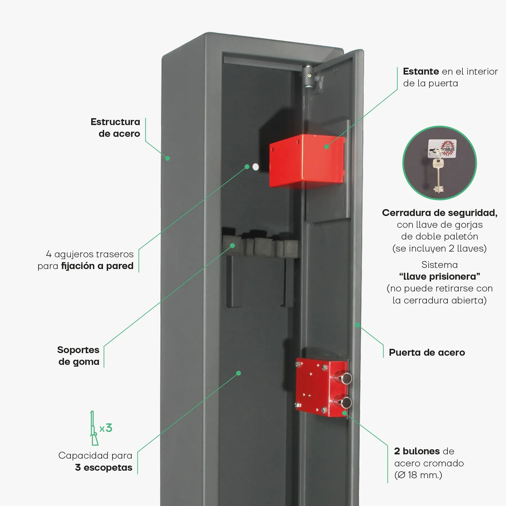 ARREGUI Braco ARM030 Armoire à 3 Fusils en Acier | Coffre-fort pour Armes à Feu | FRANCE et ITALIE : valide toutes armes à feu | ESPAGNE : non homologué