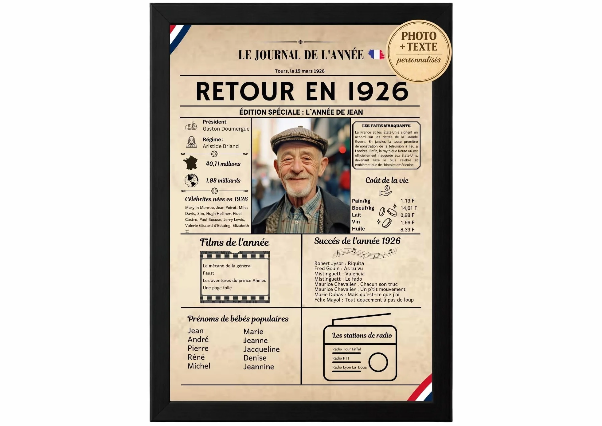 Affiche Année 1926 Personnalisée avec Photo – Journal de Naissance Vintage – Cadeau Anniversaire 99 Ans