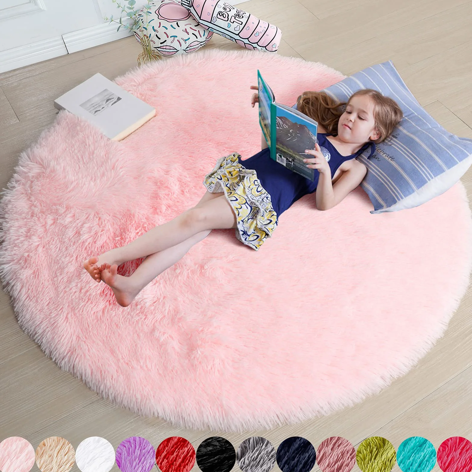 Tapis rond à poils longs pour chambre de fille, pelucheux, salon, crèche, bébé