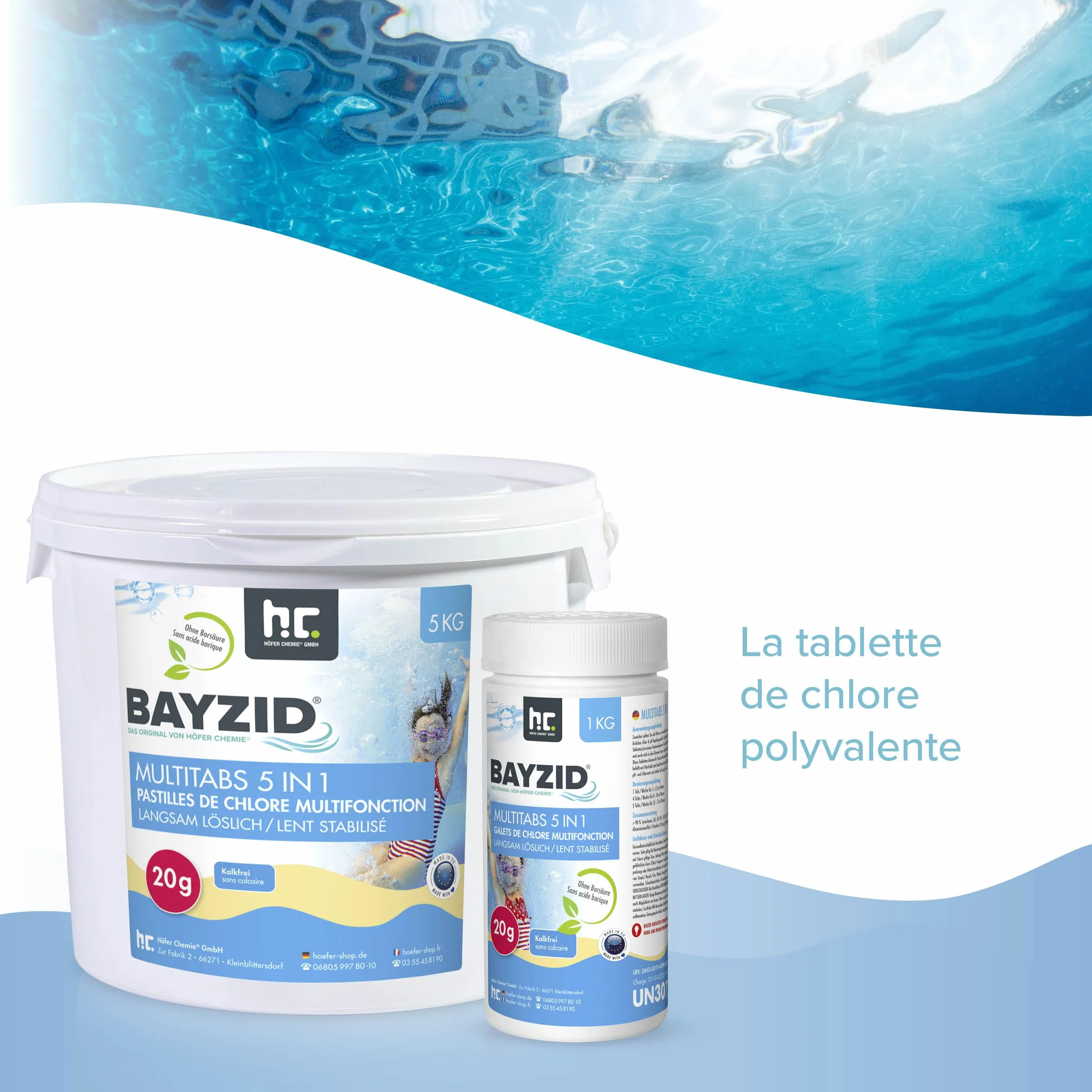 Höfer Chemie Pastilles de Chlore Multifonction 5 en 1 1 kg pour Piscine Désinfection Anti-Algues Floculant pH Stable