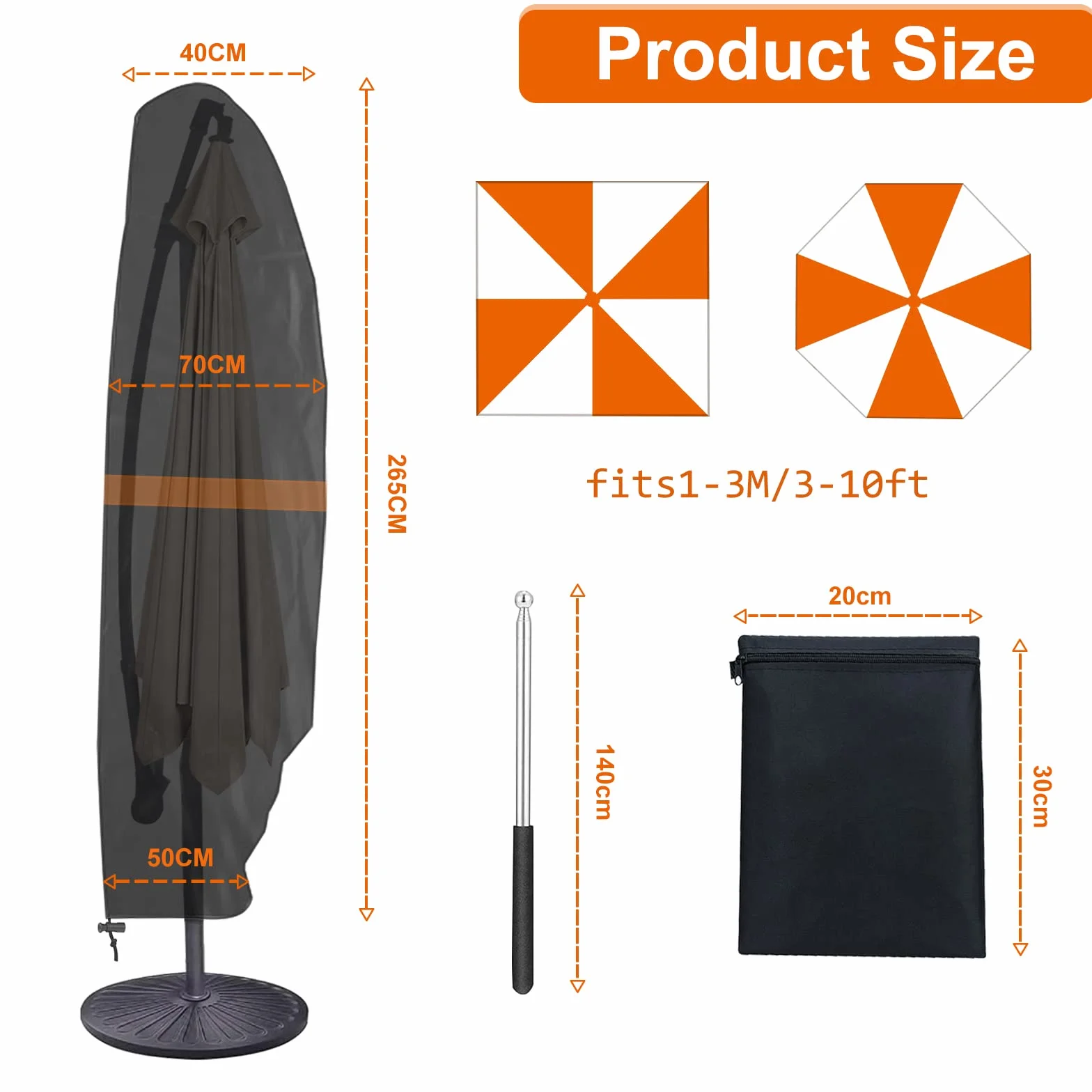 Housse de Protection Parasol Déporté Tissu Oxford 420D imperméable Fermeture éclair 265x40/70/50 cm
