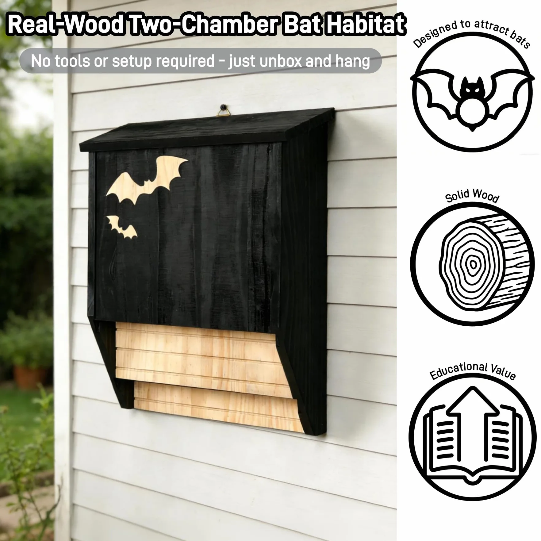 Nichoir pour chauve-souris en bois double chambre résistant aux intempéries noir