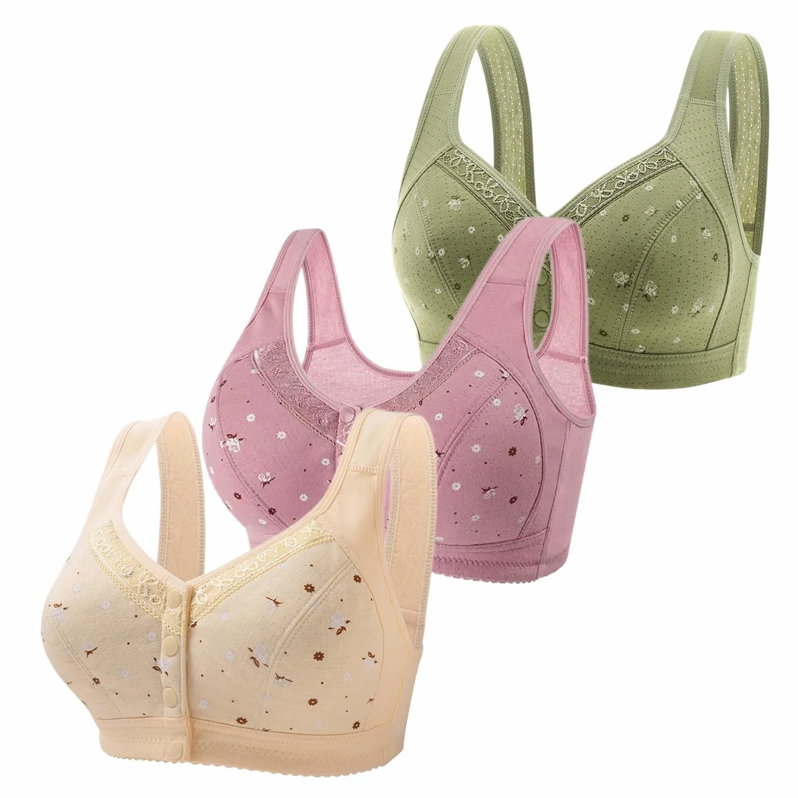 Soutien-Gorge pour Femmes âgées en Coton, Lot de 3, Fermeture Devant, Large, sans Armatures