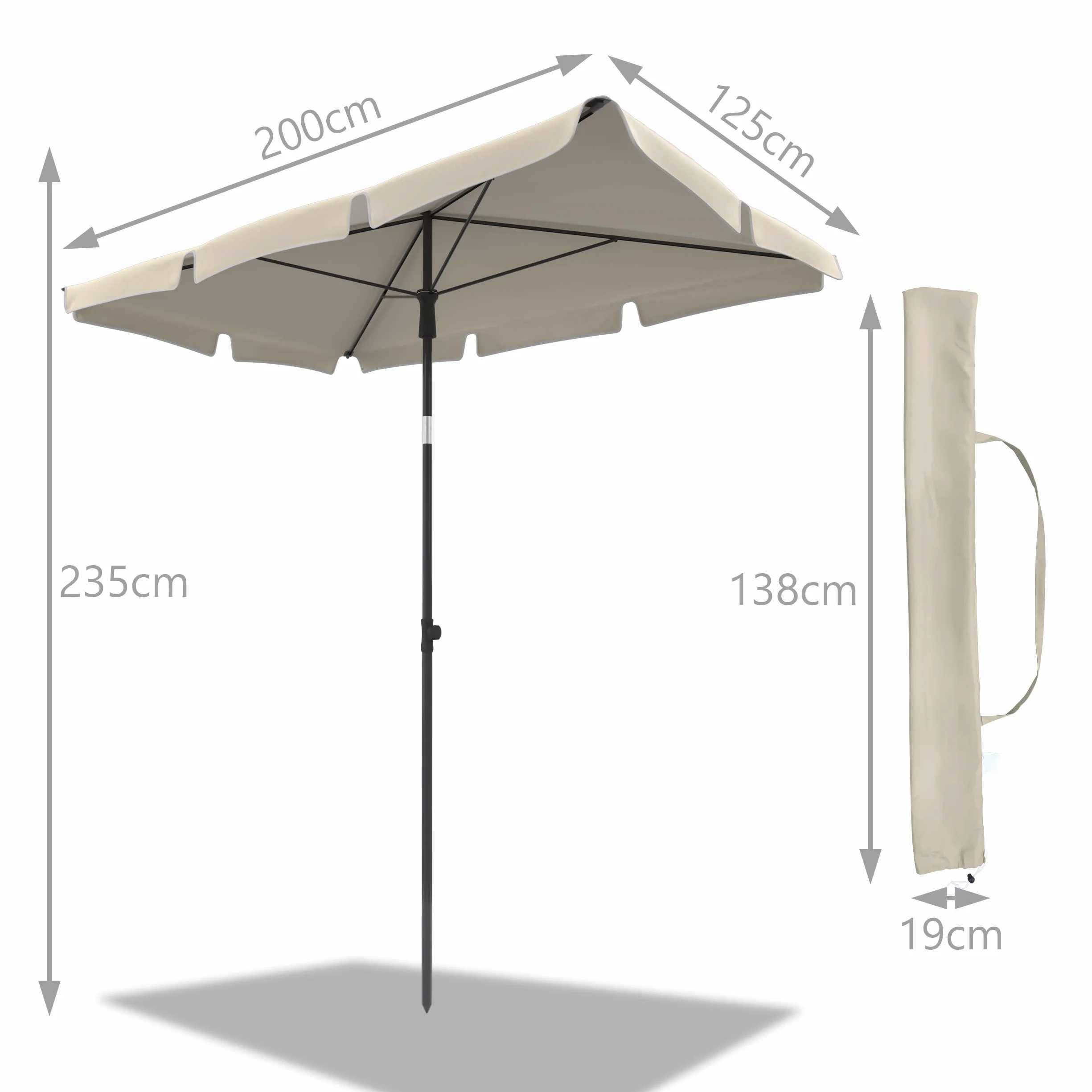 Parasol Inclinable Rectangulaire 200x125cm 160gr/m2 Protection UV Toile Polyester Pliable Extérieur Housse Beige