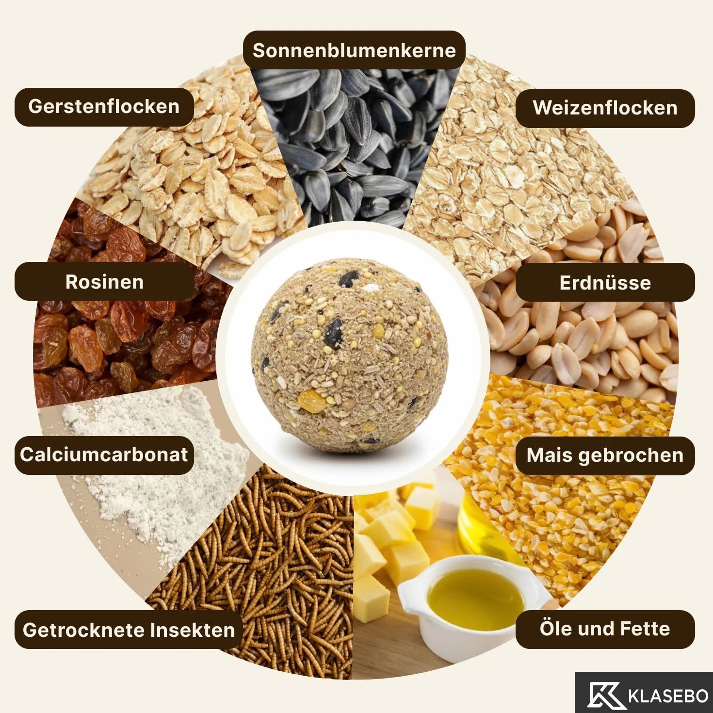 KLASEBO Boules de Graisse Oiseaux avec Insectes, Lot de 200 x 90 g, sans Filet, Nourriture Exterieur