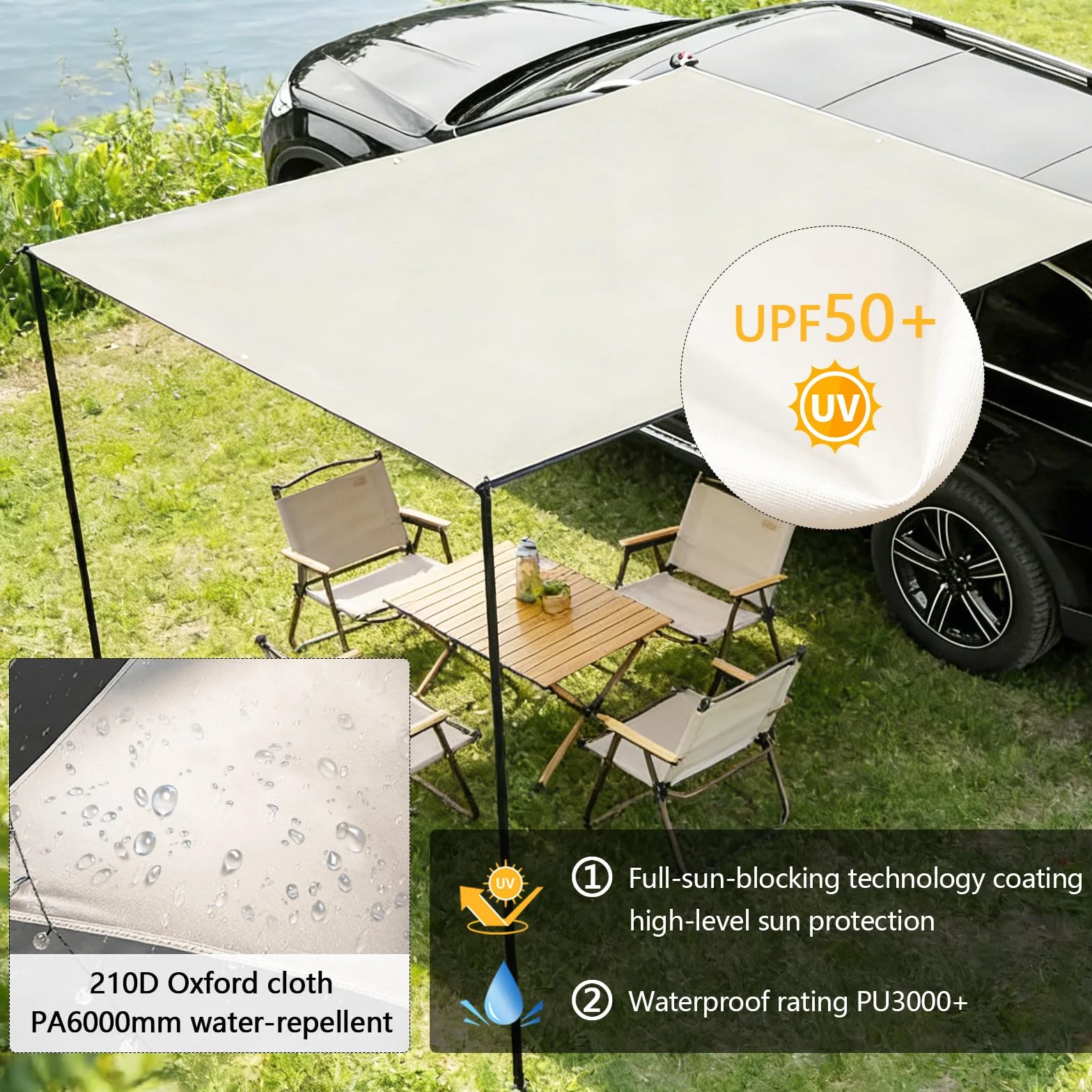 Kit de Auvent Voiture Rétractable, 200x300cm, avec 2 Poteaux, 8 Câbles de Haubanage, 8 Sardines, 2 Ventouses, Sac de Rangement et Sac de Transport, UPF50+, PU3000+, pour Aventures (Blanc)