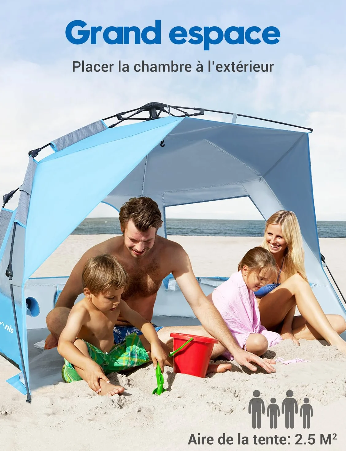Glymnis Tente de Plage Quick Up Tente de Plage Automatique Protection UV 50+ Protection Contre Le Vent avec système Quick Up Petite Taille repliée pour 4 à 5 Personnes