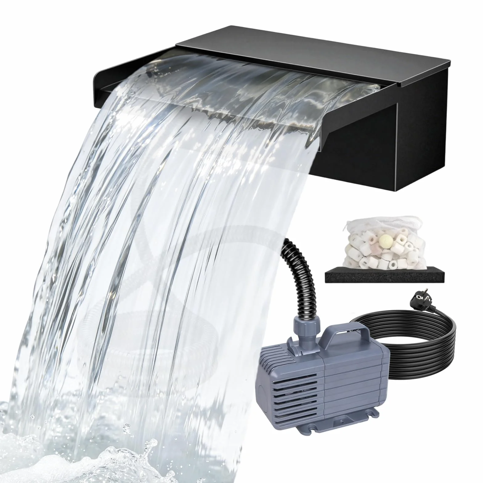 Cascade de bassin en acier inoxydable 20 cm avec pompe 2500 l/h et filtre, tuyau 3 m résistant au gel