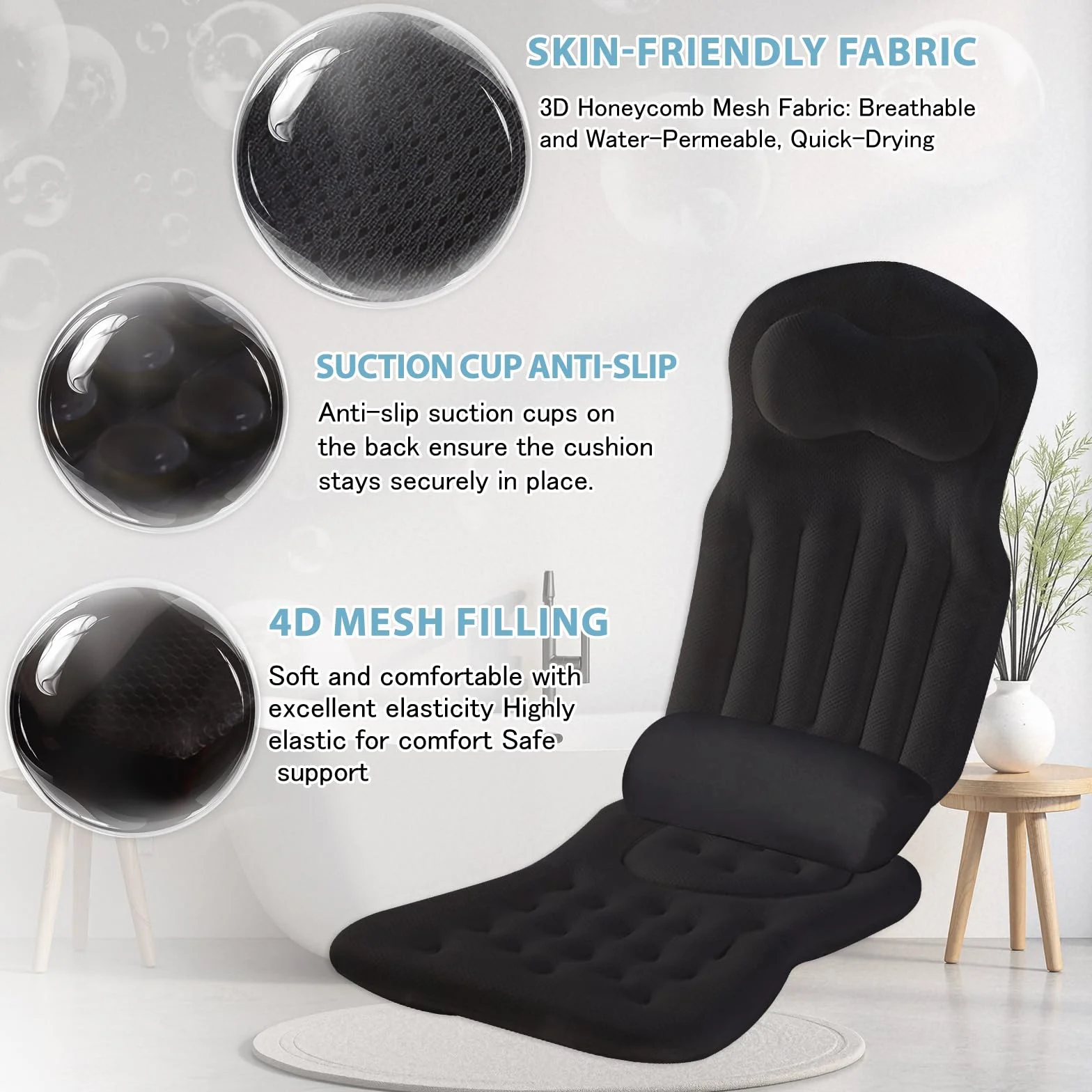 Coussin de Baignoire Complet avec Appui-tête et Soutien Lombaire, Noir