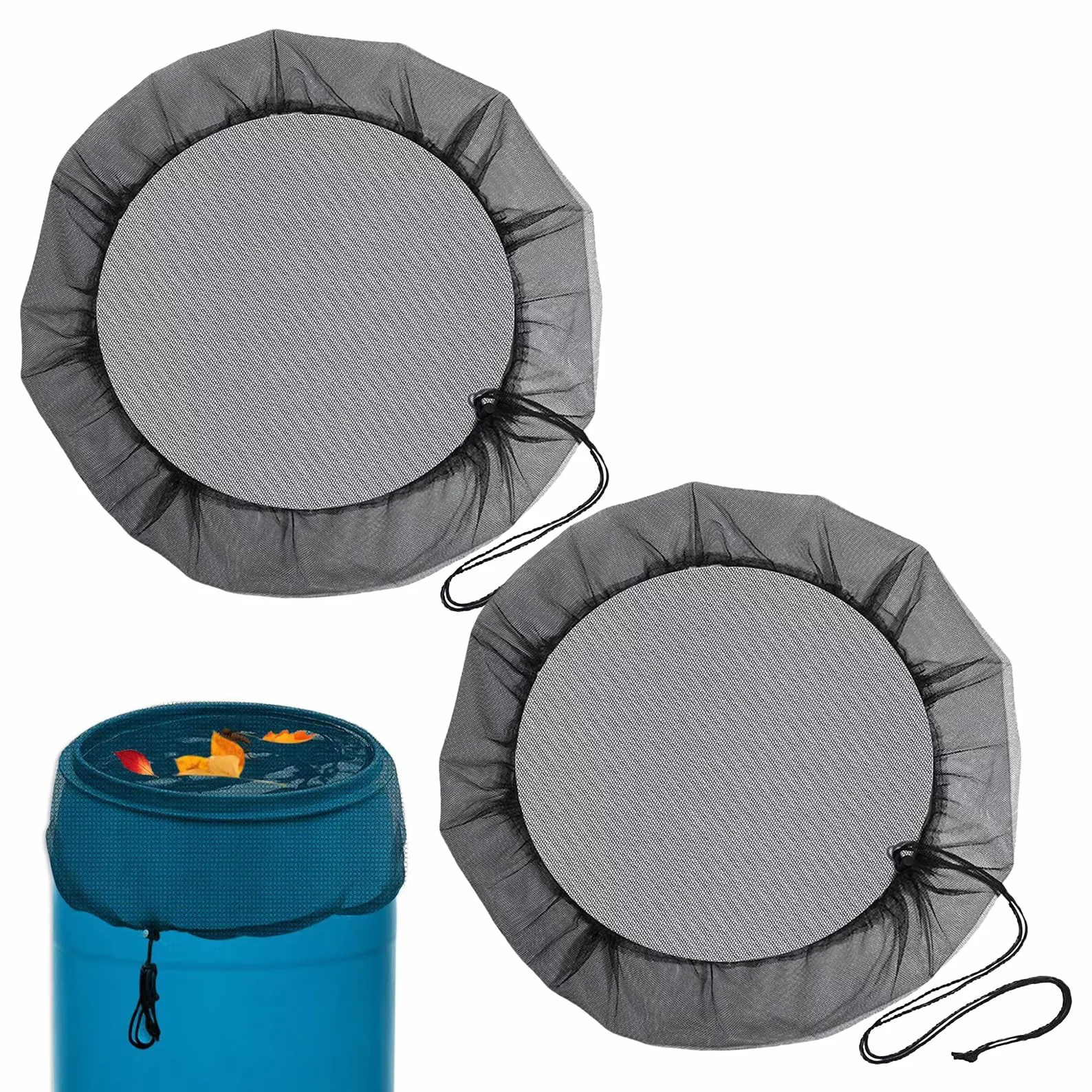 Lot de 2 filets de citerne de pluie de 95 cm avec cordon de serrage, filet de protection réglable pour citerne de pluie, moustiques, anti-feuilles et larves de moustiques