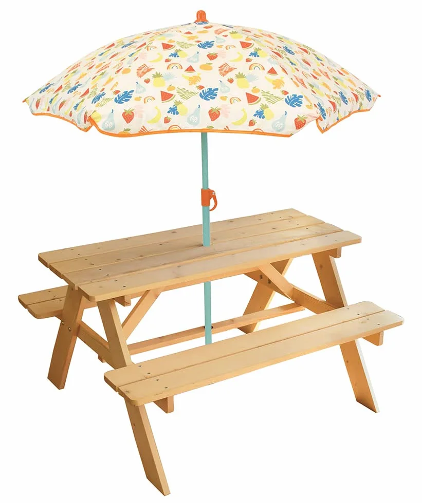 FUN HOUSE Fruity's Table pique-nique en pin H.53 x l.95 x P.75 cm avec parasol H.125 x ø 100 cm