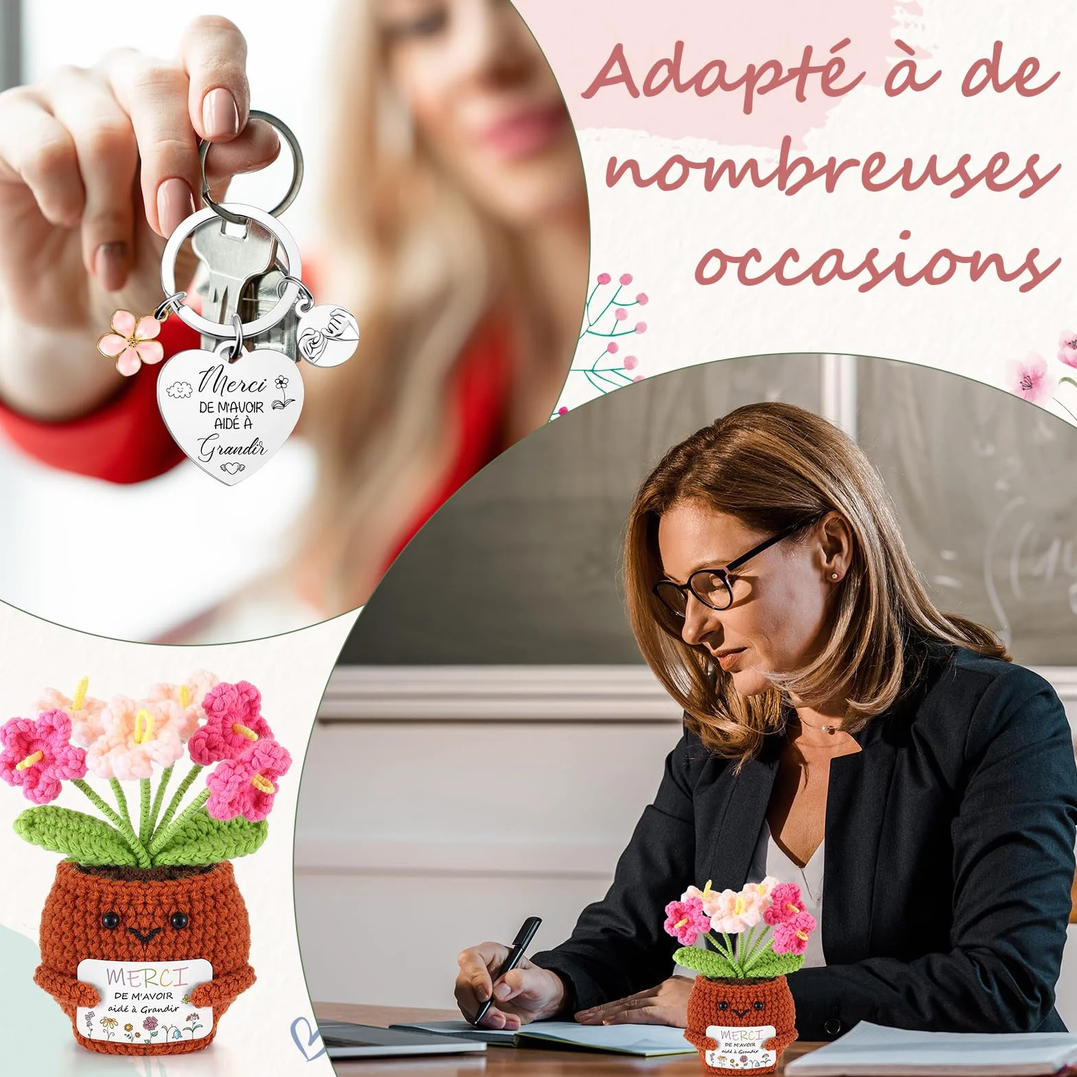 Hicarer 3 Pièces Poupée au Crochet Fait-Main Porte-Clés Carte de Vœux avec Marguerite Cadeau Merci Enseignant Fin d'Année