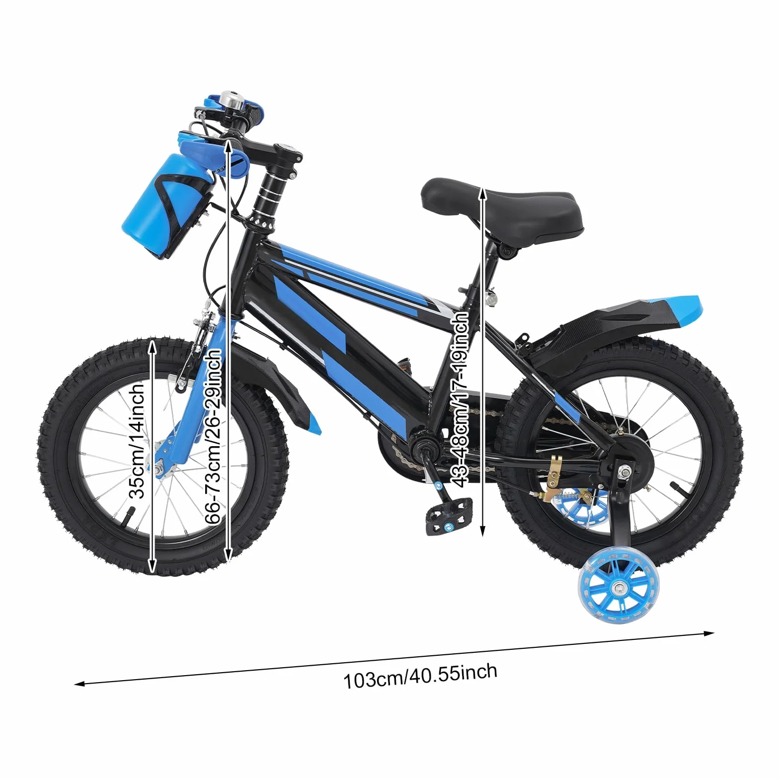 Vélo pour enfant de 14 pouces, pour garçons et filles à partir de 3 à 7 ans, vélo avec roues stabilisatrices et bouteille d'eau, hauteur réglable, double système de freinage, vélo en acier au carbone