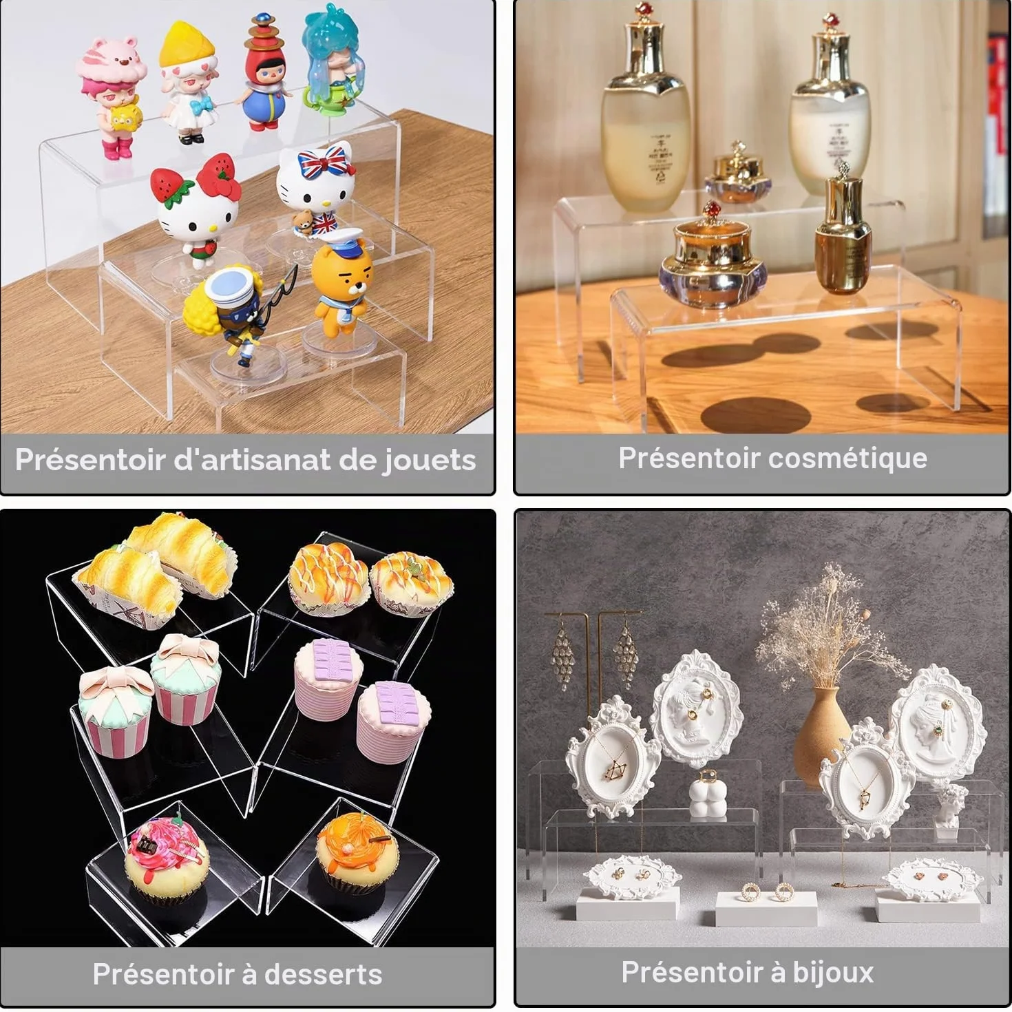 Lot de 8 rehausseurs en acrylique transparent à 4 niveaux, support multifonction pour cupcakes, cosmétiques, objets de collection (Rectangulaire)