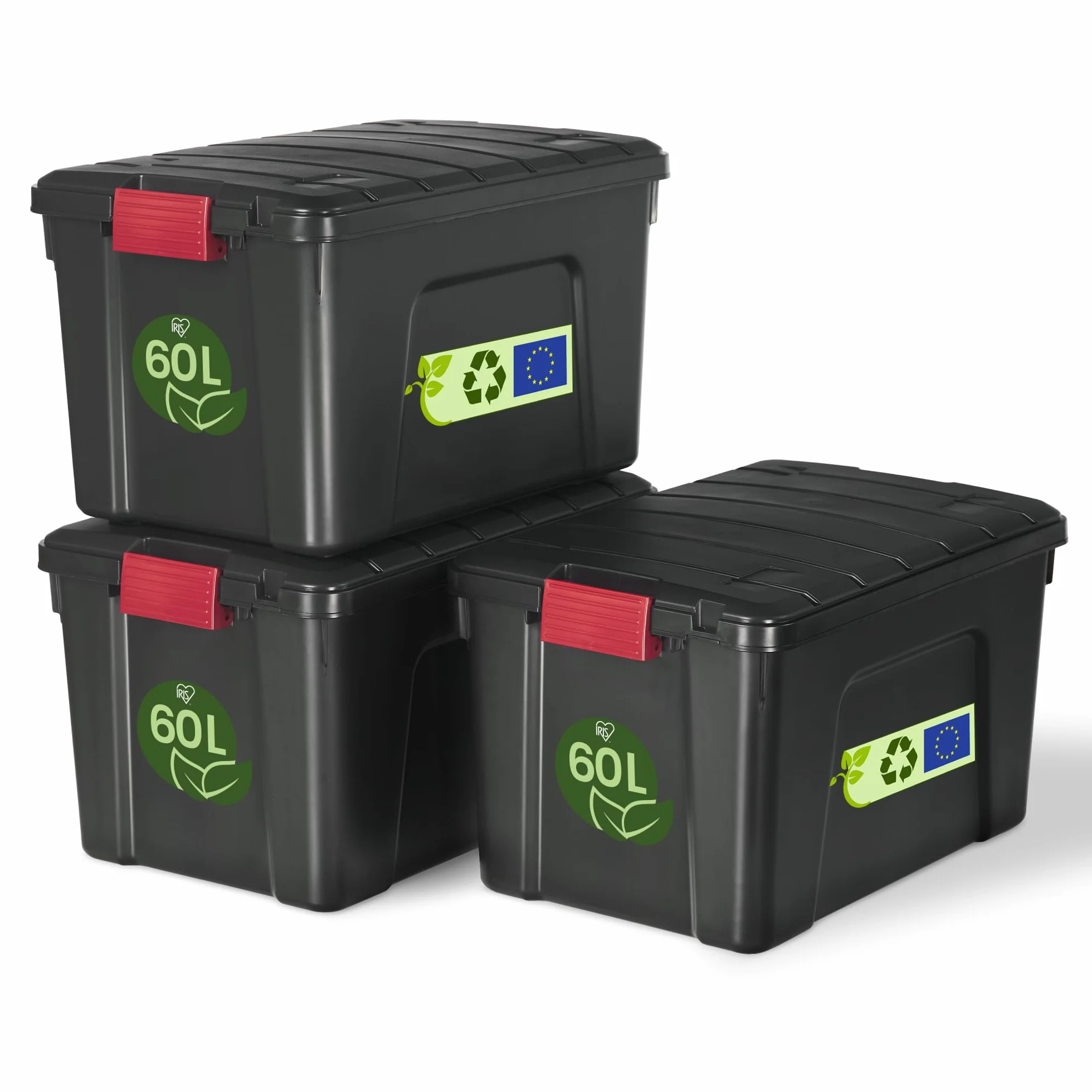 Iris Ohyama Malle Boîte de Rangement Plastique 60L Lot de 3 Empilable Roues Sans BPA SIA-60 Noir